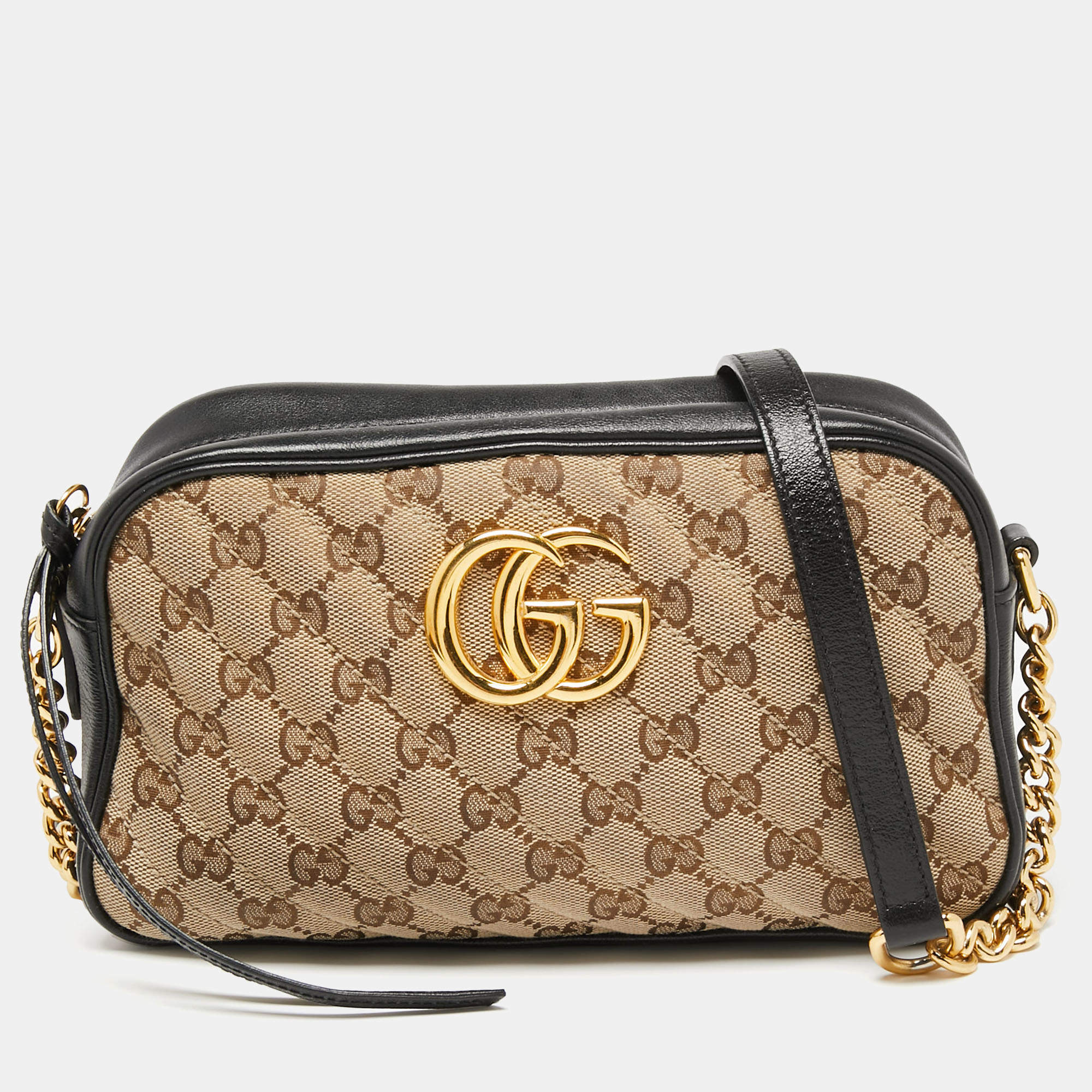 مملوكة مسبقًا حقيبة كتف غوتشي مارمونت كانفاس جي جي أسود/بيج صغيرة