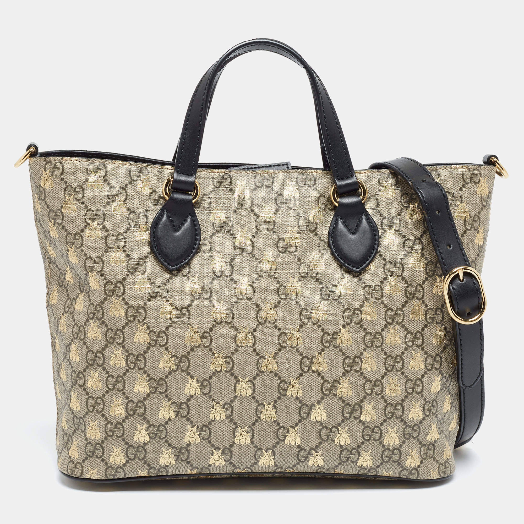 Gucci Black Beige GG Supreme Canvas and Leather Bee Print Soft Tote Gucci TLC