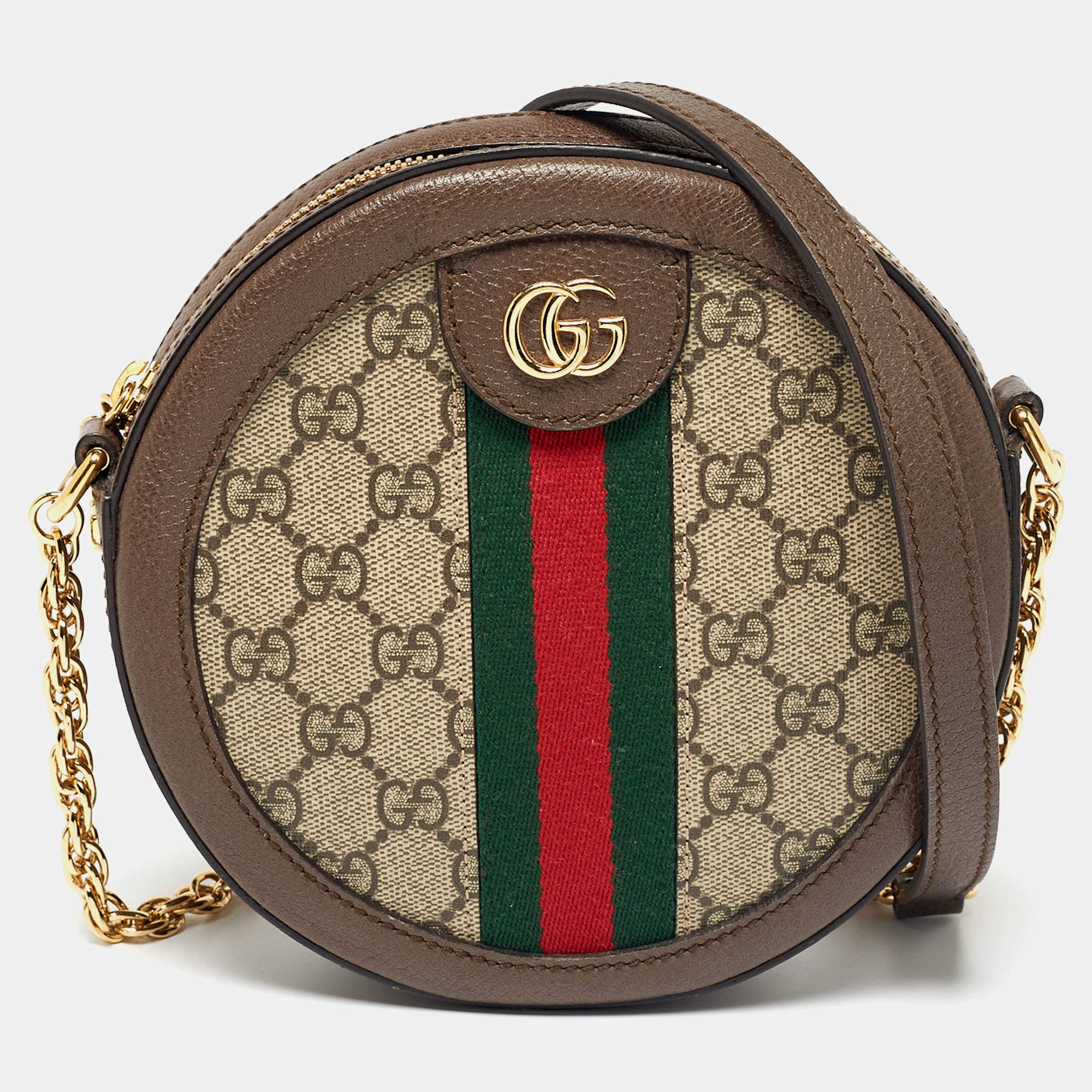Pre Owned Gucci Brown GG Supreme Canvas and Leather Mini Ophidia Round Bag