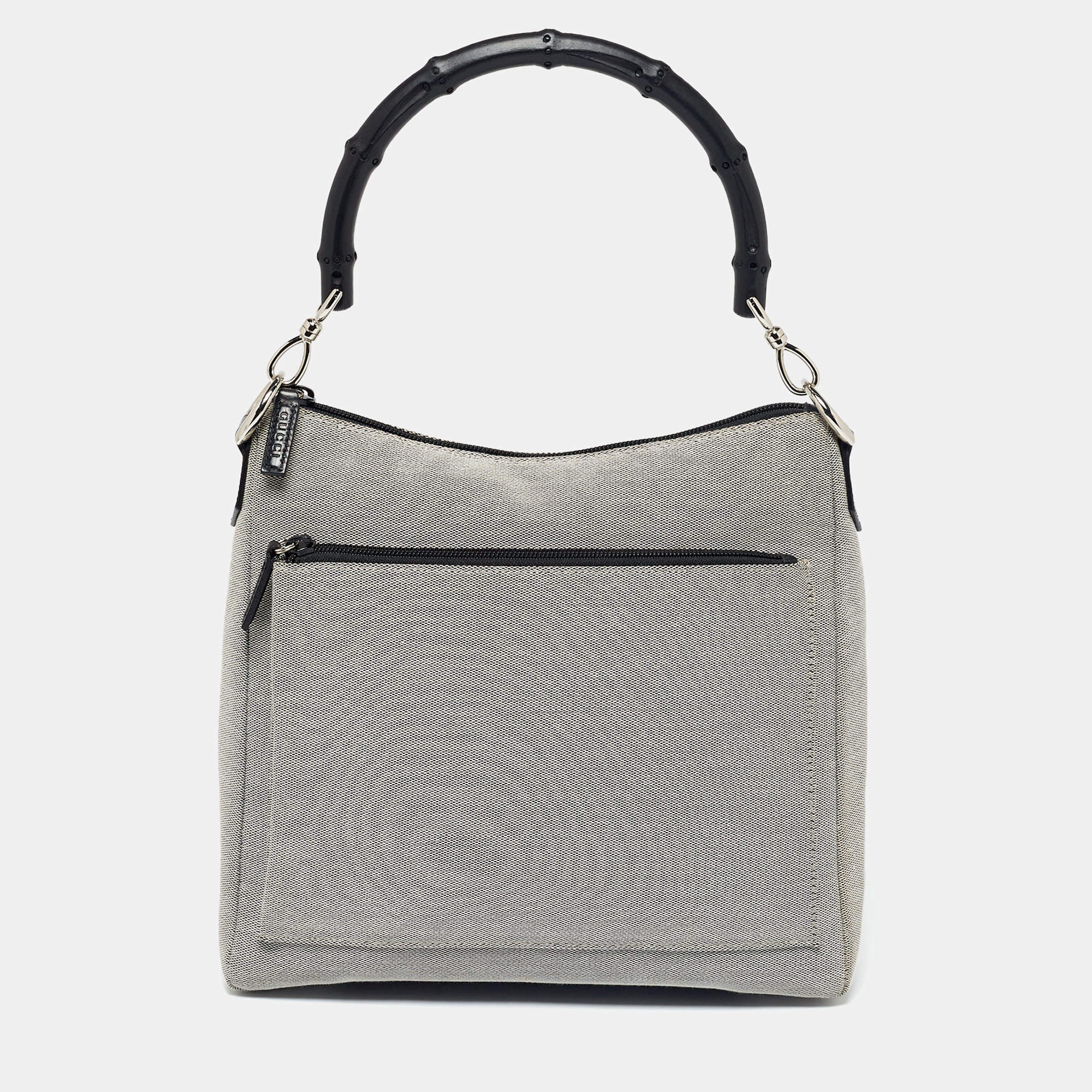 Pre Owned Gucci Grey/Black Canvas and Leather Bamboo Handle Hobo