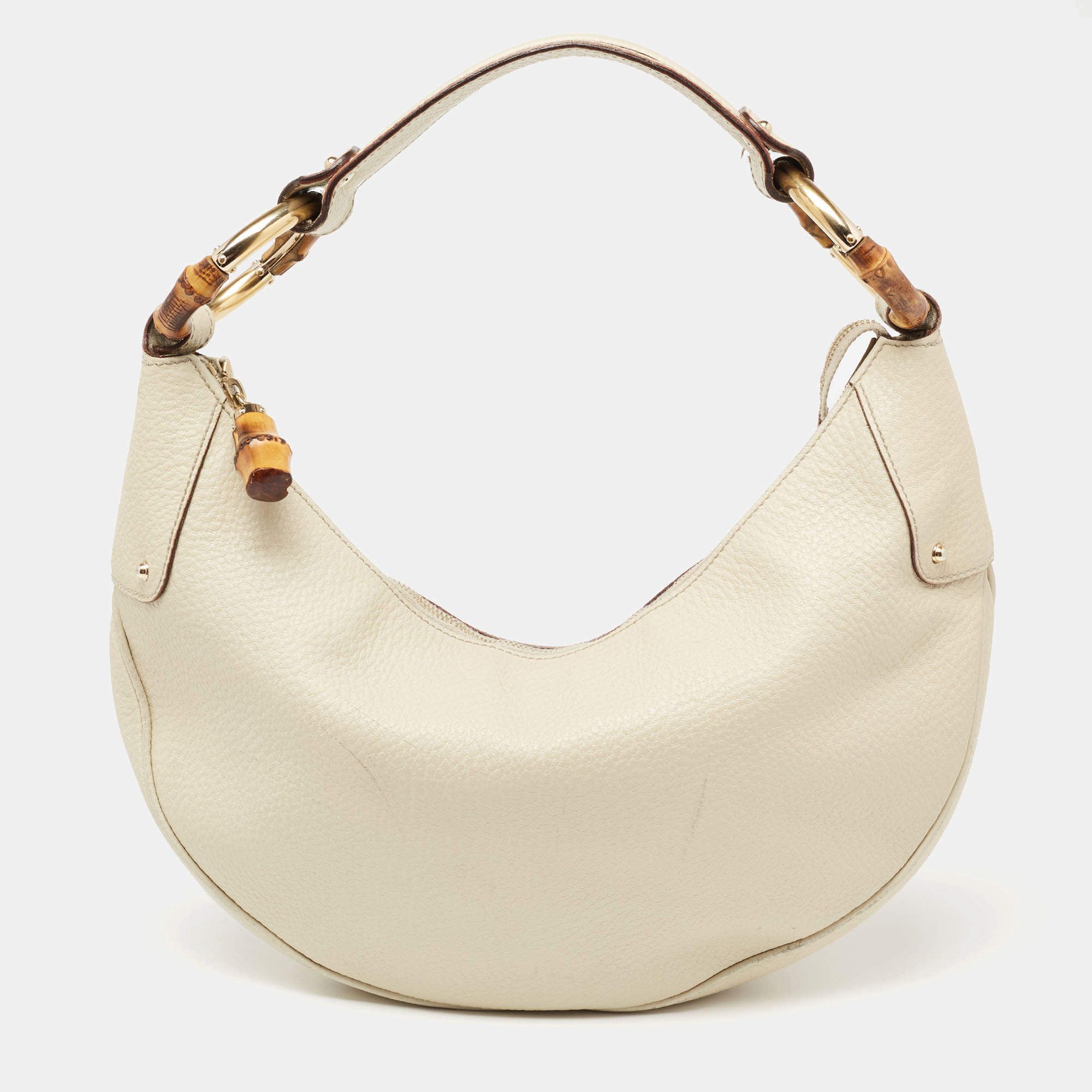 مملوكة مسبقًا Gucci Off White Leather Bamboo Ring Half Moon Hobo
