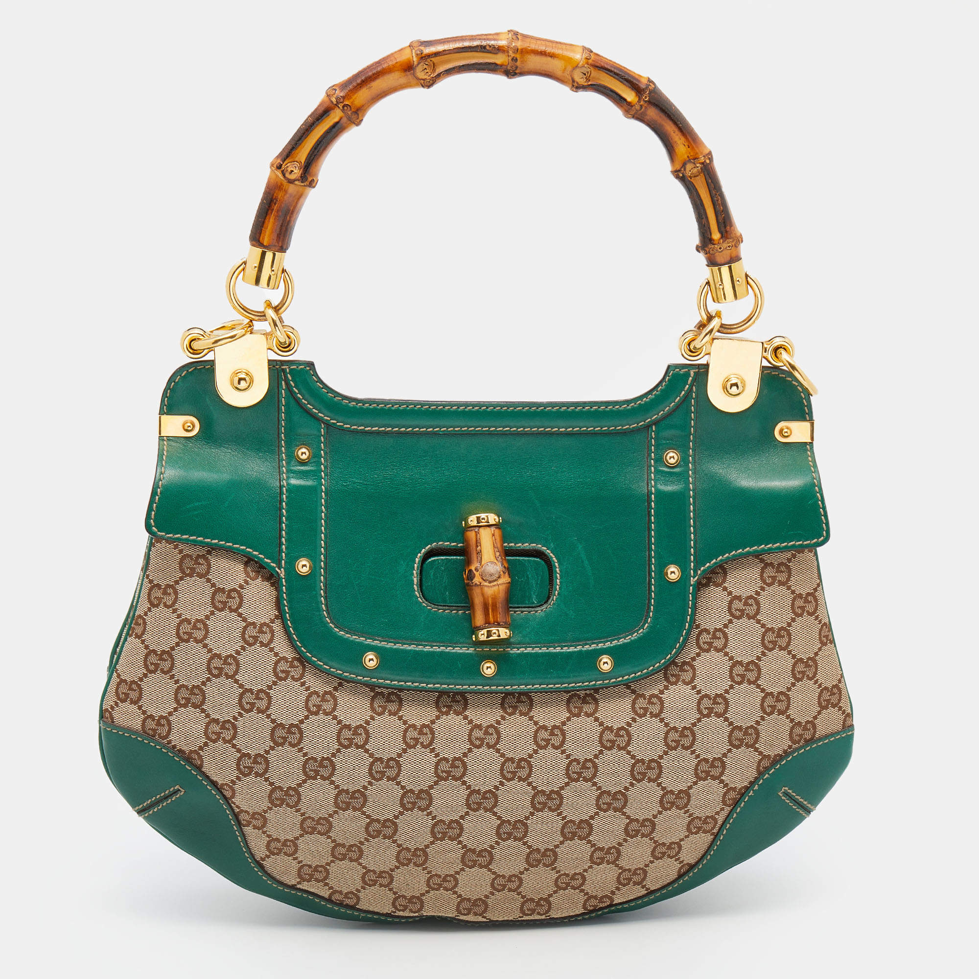 Pre Owned Gucci Beige/Green GG Canvas And Leather Peggy Bamboo Top Handle Bag