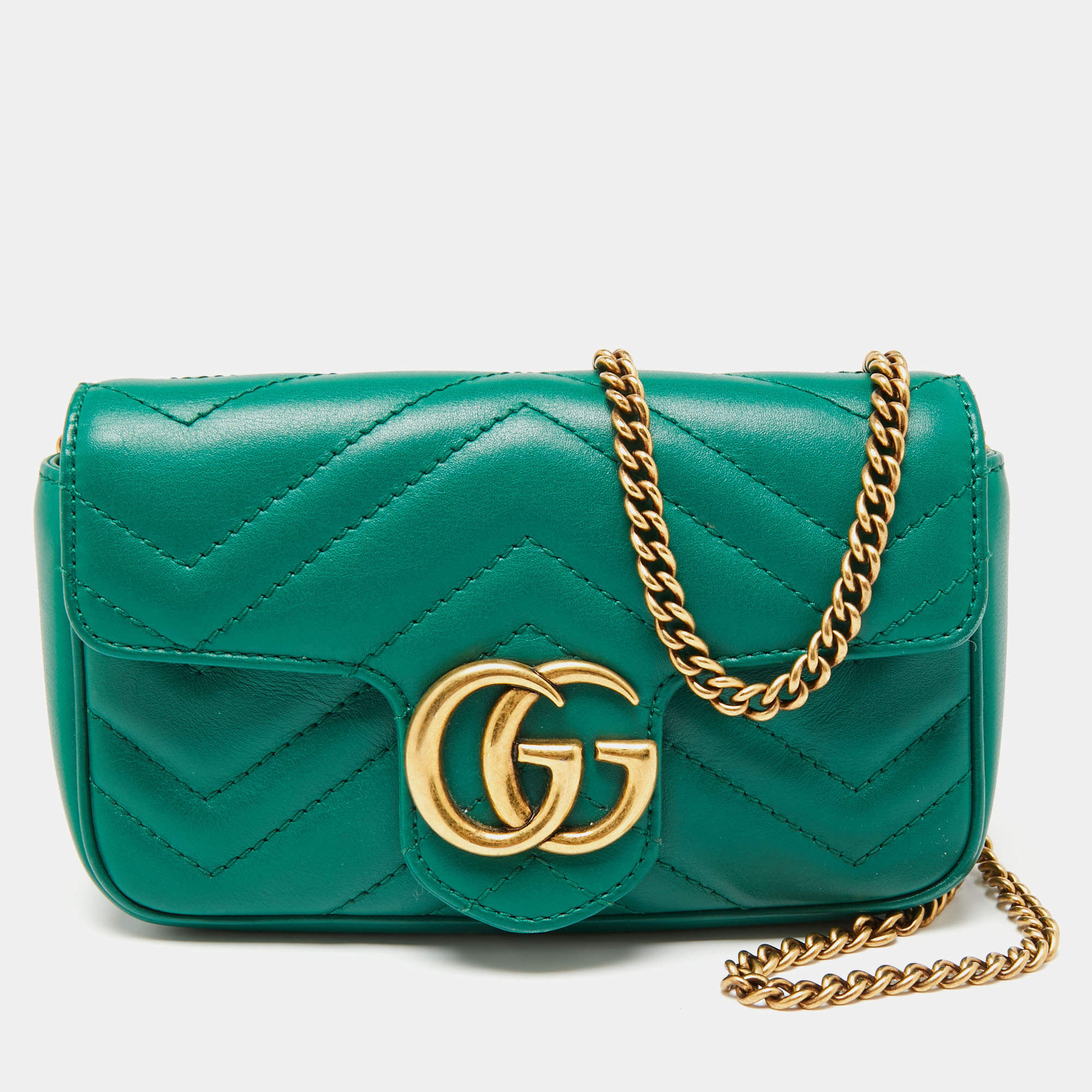 Pre Owned Gucci Green Matelassé Leather Mini GG Marmont Super Shoulder Bag