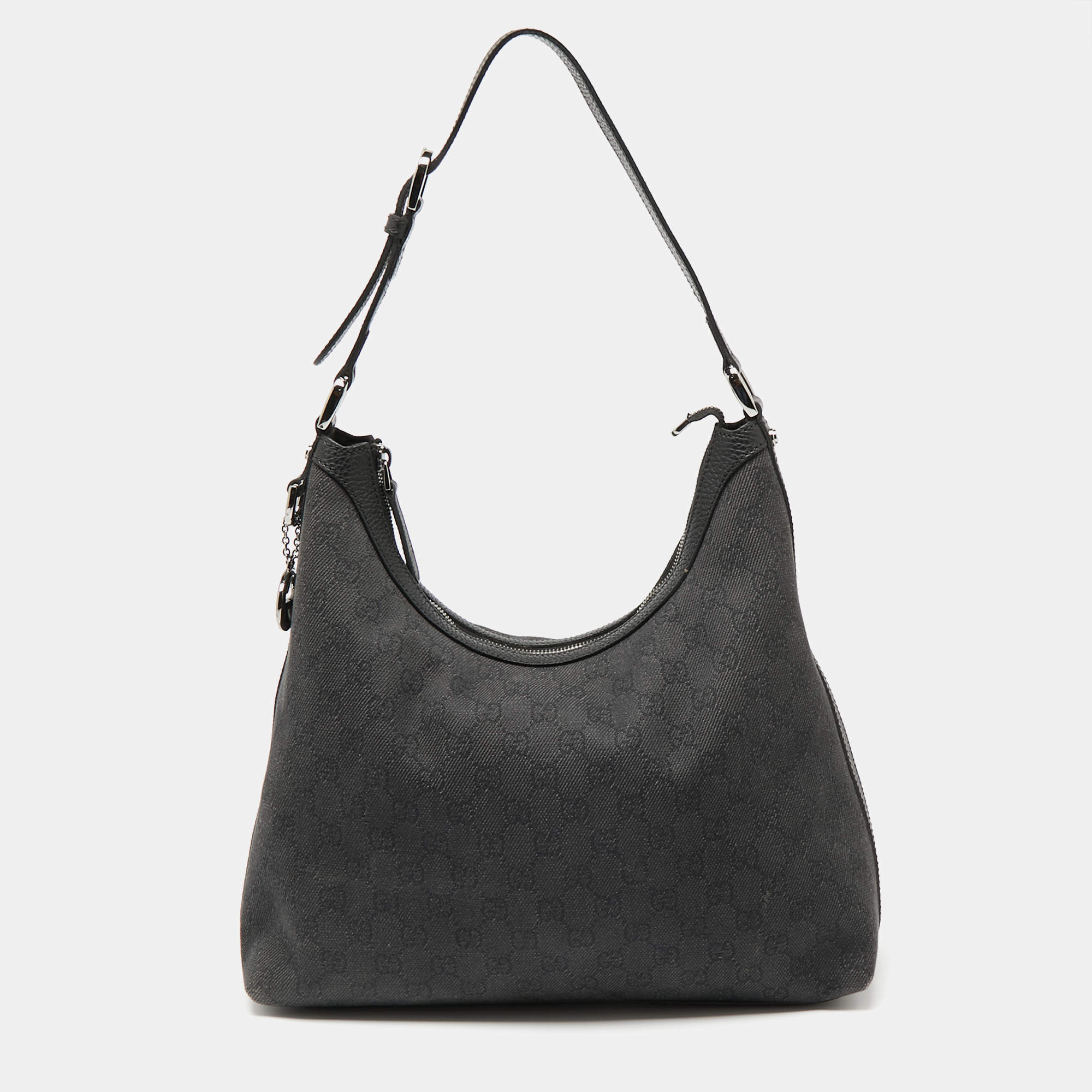Pre Owned Gucci Grey/Black GG Canvas and Leather Hobo