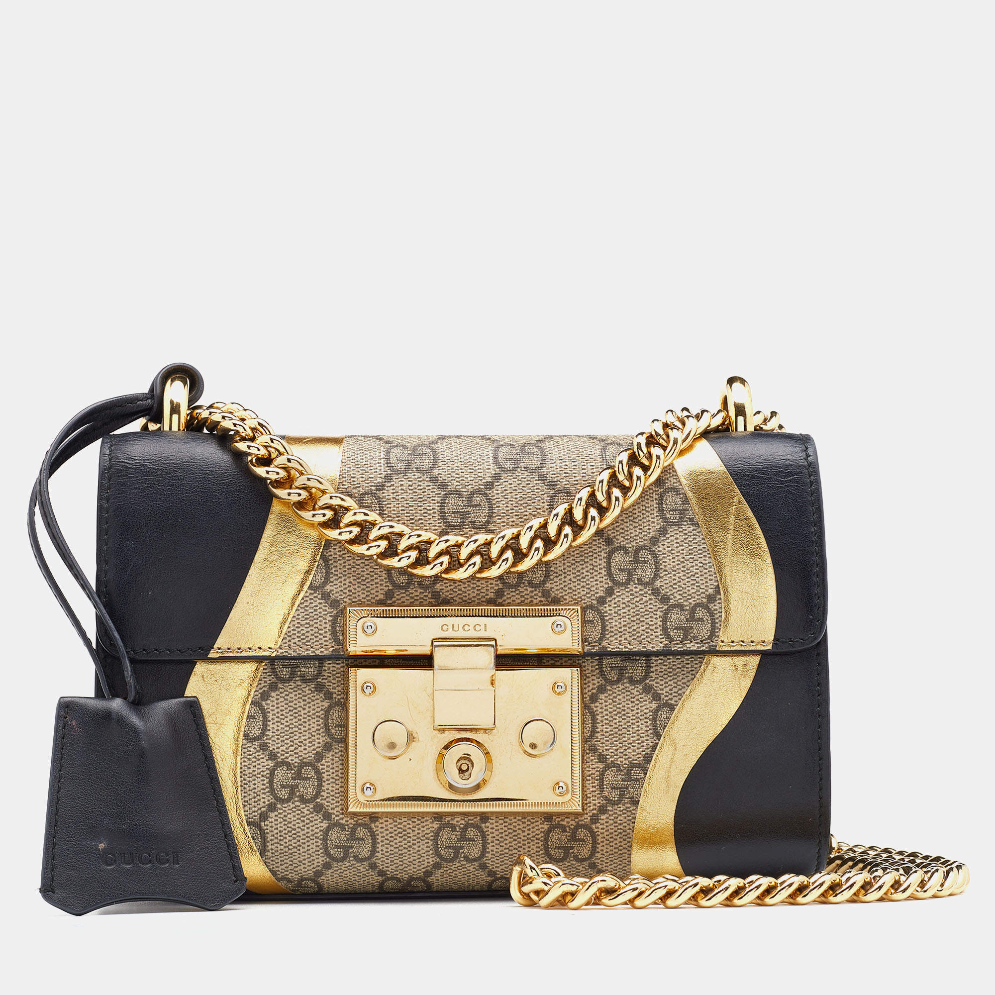 Gucci Black/Gold GG Supreme Canvas and Leather Small Padlock