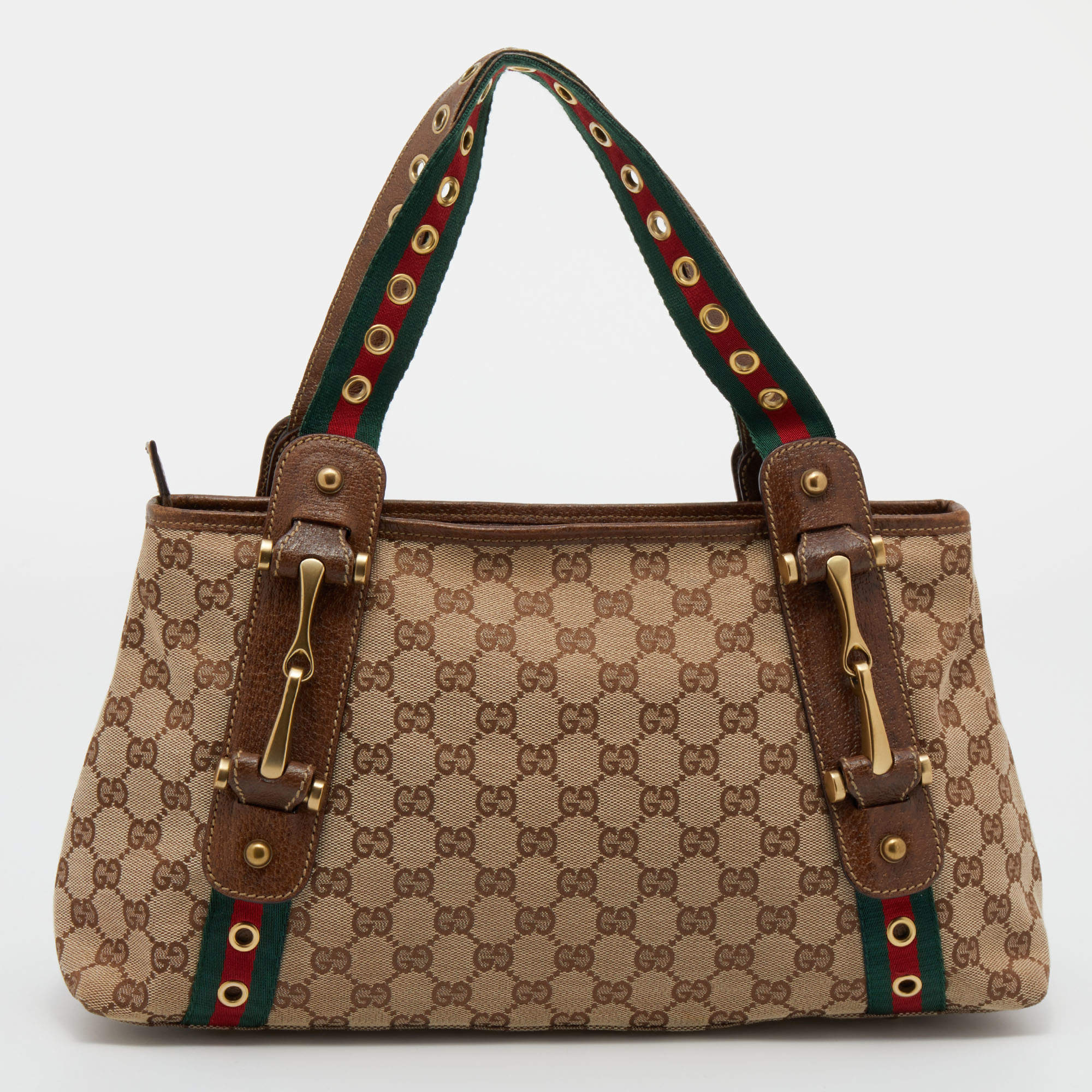 Pre Owned Gucci Beige GG Canvas Grommet Straps Pelham Tote