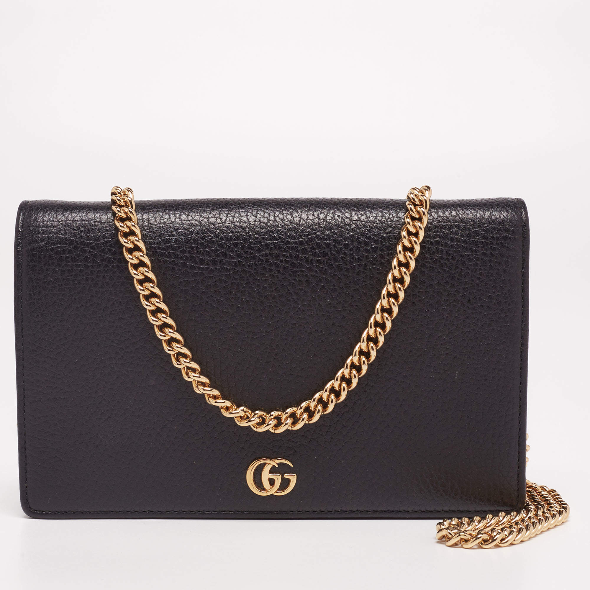 Gucci Black Leather GG Marmont Flap Chain Wallet