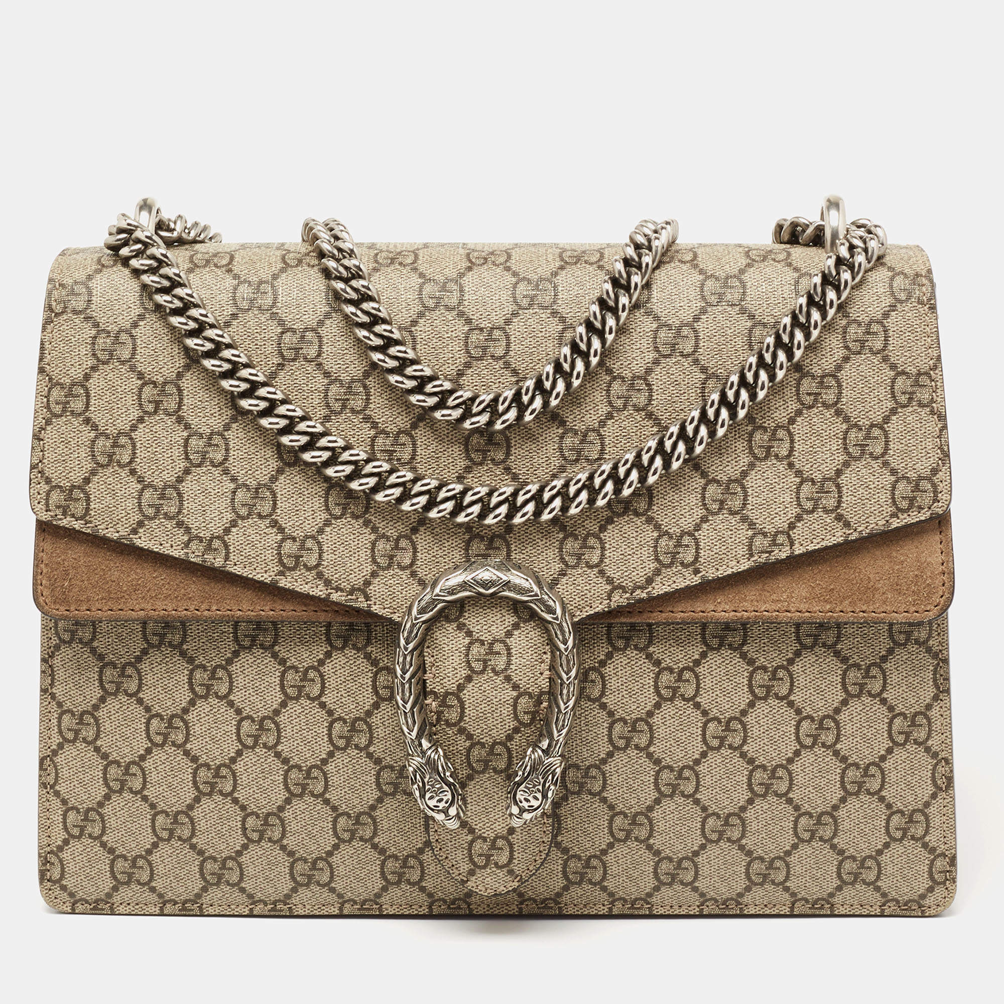 Pre Owned Gucci Beige GG Supreme Canvas and Suede Medium Dionysus Shoulder Bag