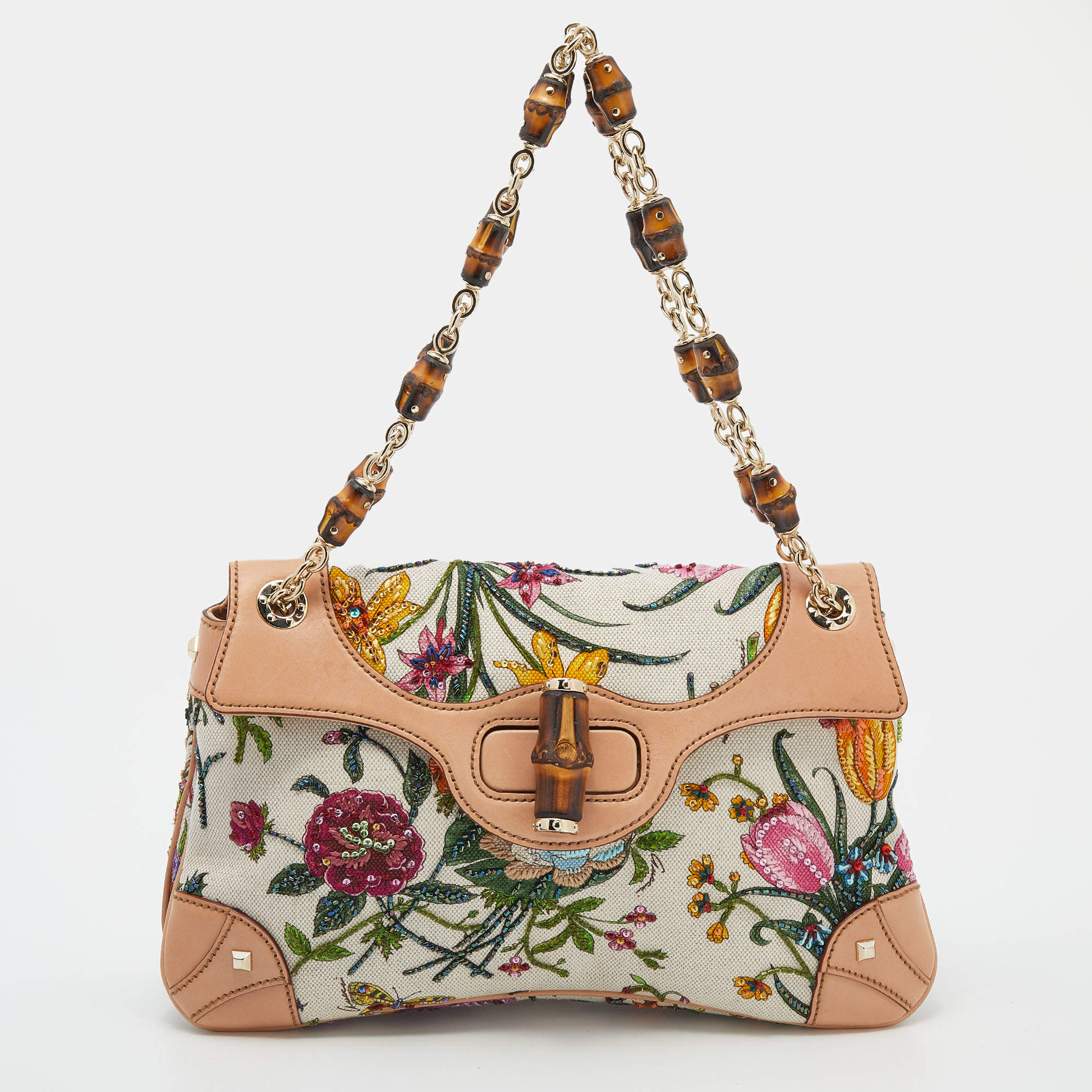Pre Owned Gucci Multicolor Flora Print Canvas Beaded Bamboo Shoulder Bag