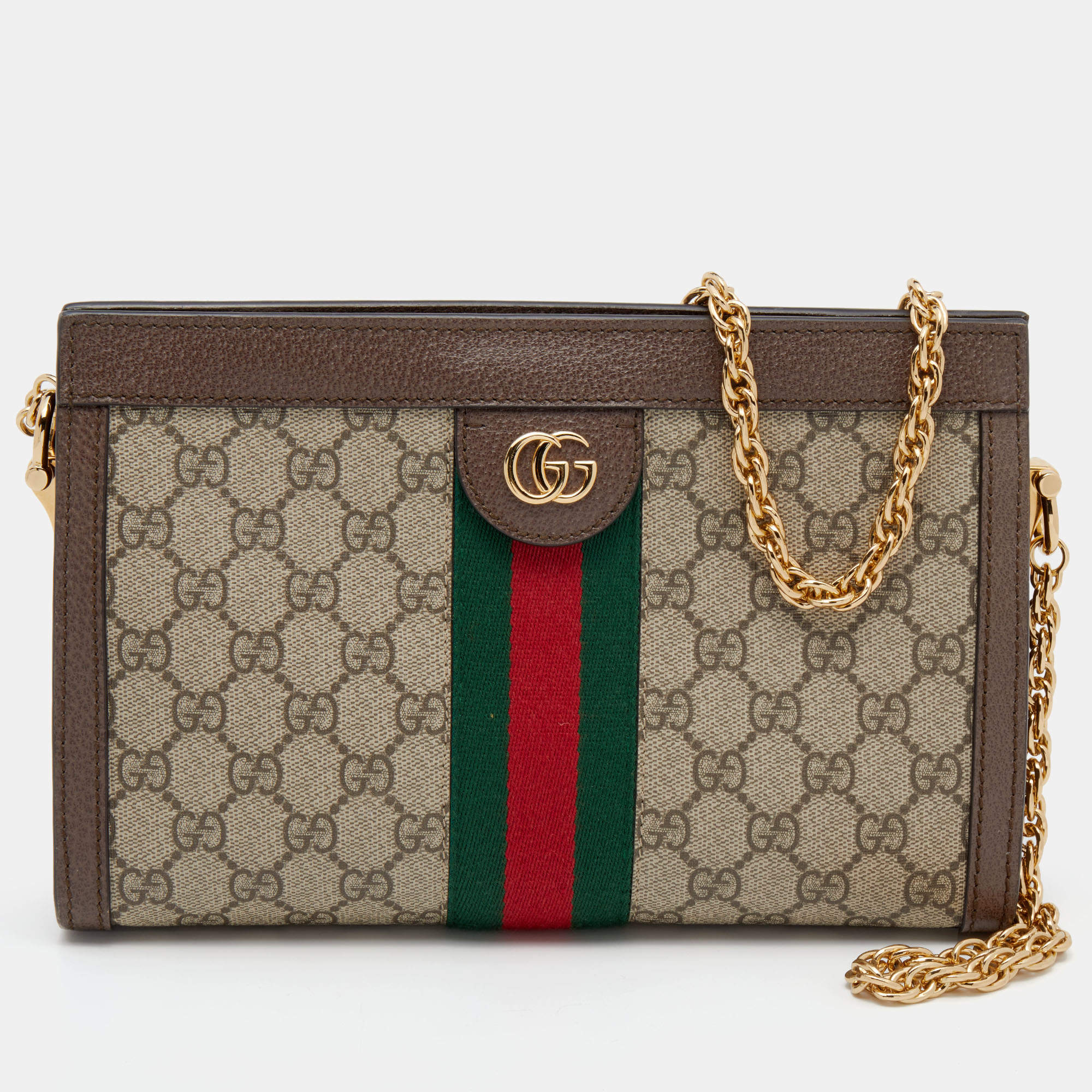 Pre Owned Gucci Beige/Ebony GG Supreme Canvas and Leather Small Ophidia Shoulder Bag