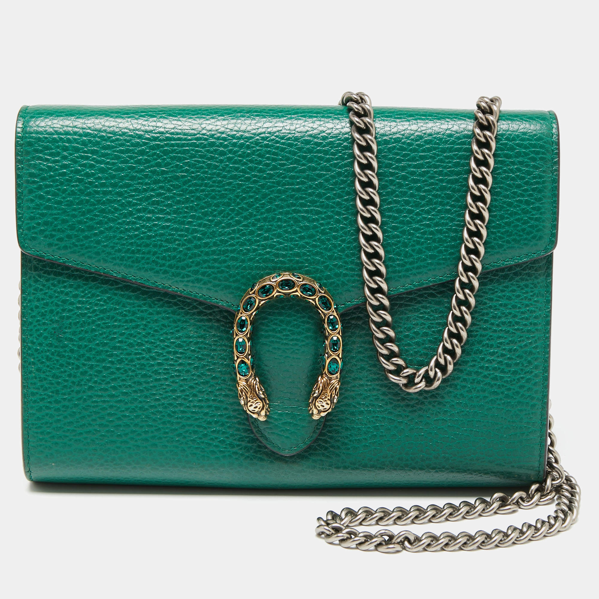 Pre Owned Gucci Green Leather Dionysus Wallet On Chain