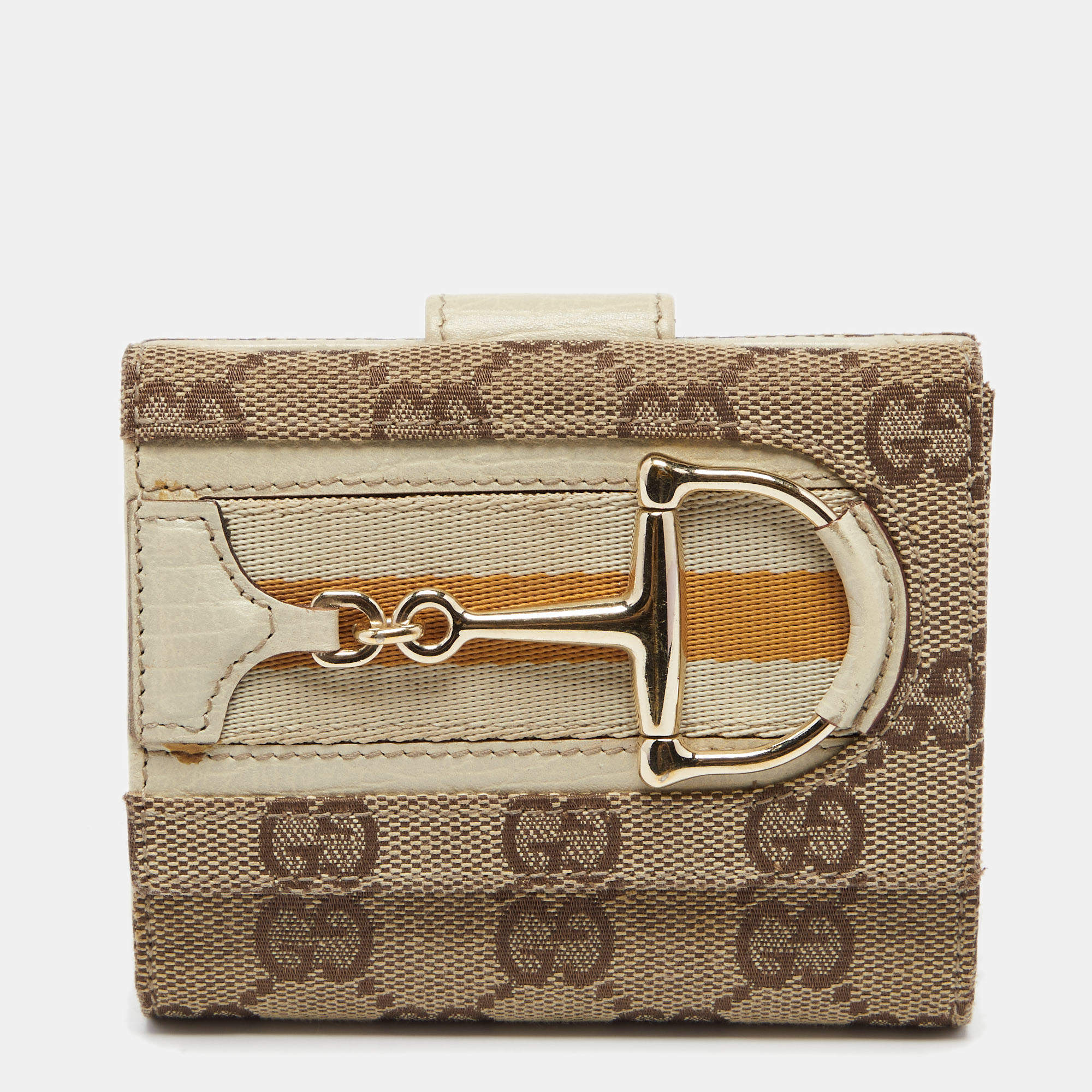 Pre Owned Gucci Beige GG Canvas and Leather Web Horsebit Compact Wallet