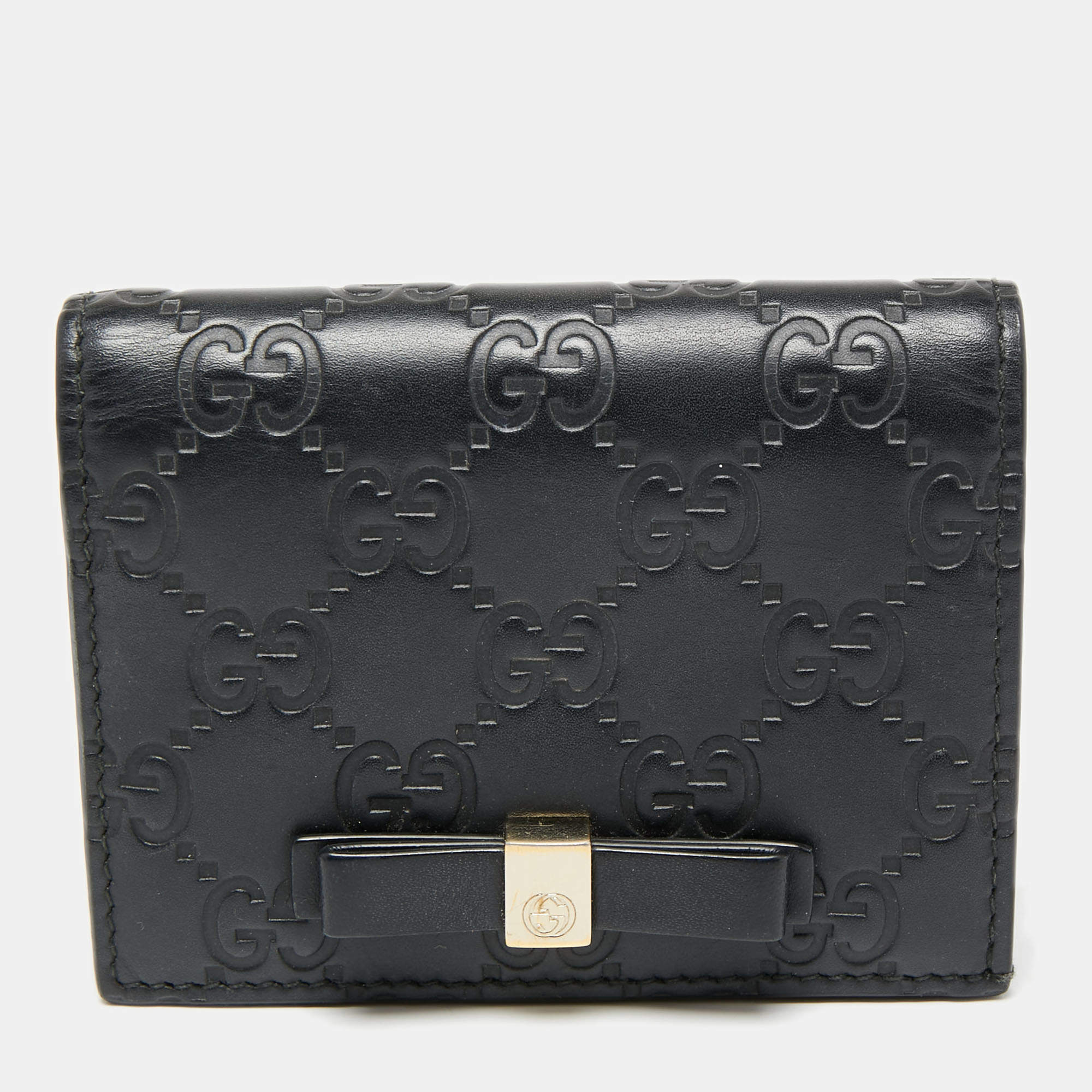 Pre Owned حافظة بطاقات غوتشي جلد غوتشيسيما سوداء  قلاب فيونكة 