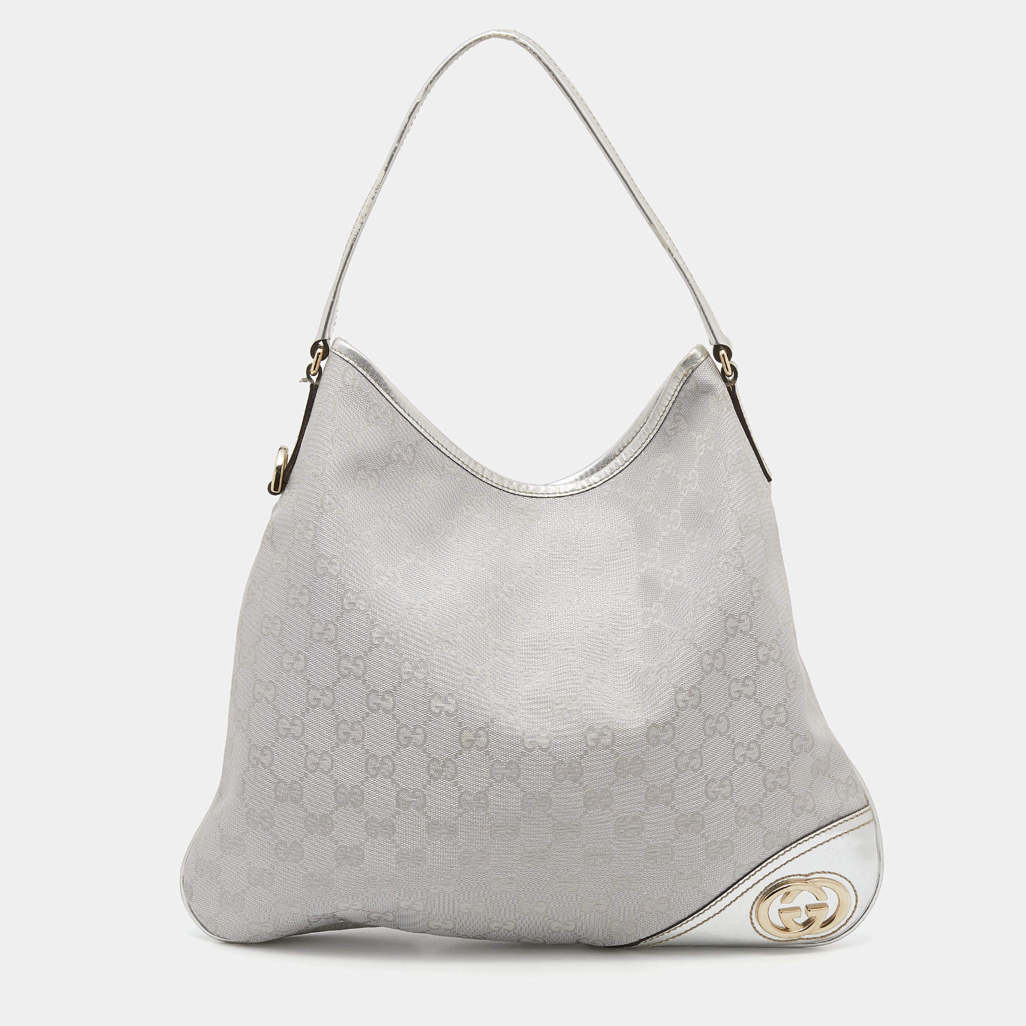 Pre Owned Gucci Metallic Silver GG Canvas and Leather Medium Britt Hobo 