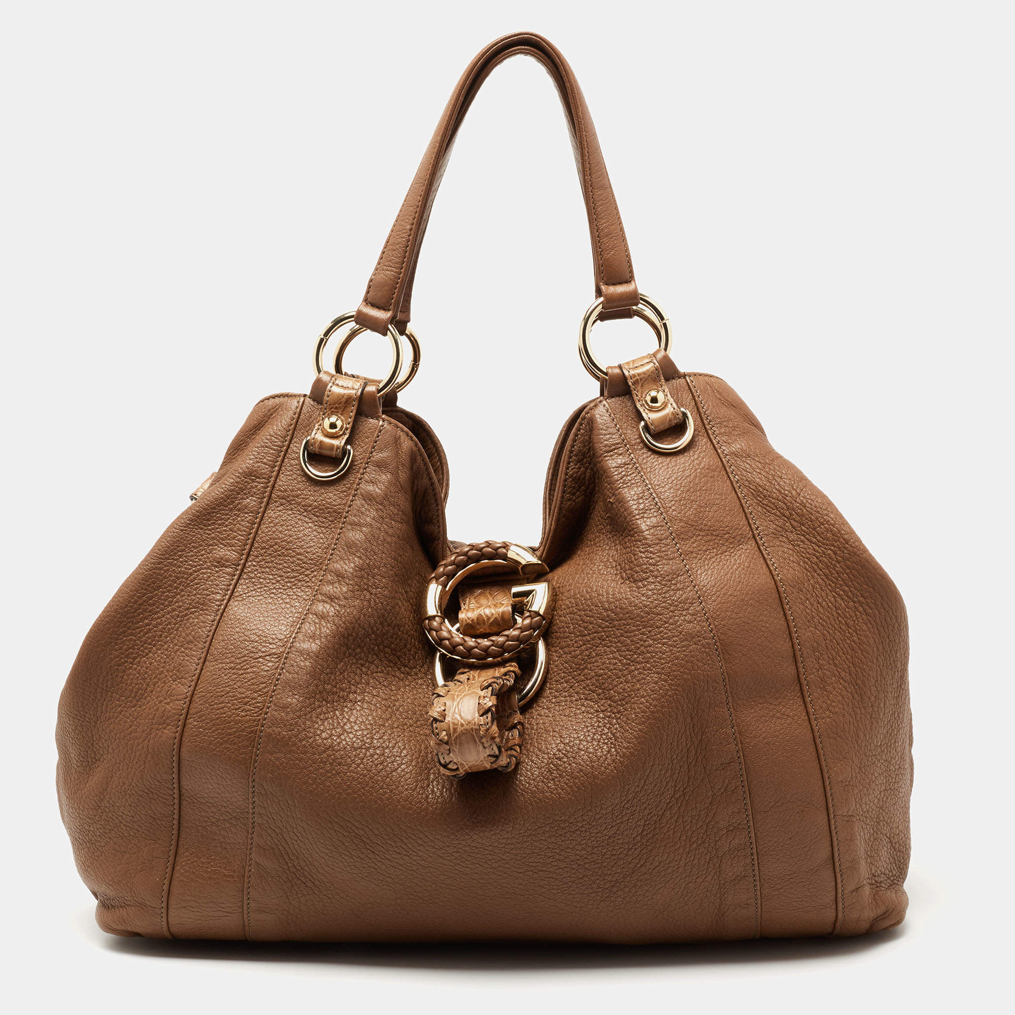 Pre Owned  Gucci Tan Leather and Crocodile Large G Wave Hobo