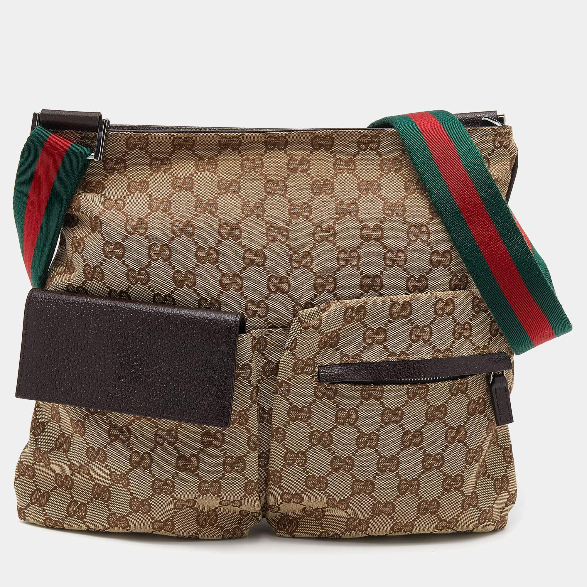 Pre Owned Gucci Beige GG Canvas Medium Web Double Pocket Messenger Bag