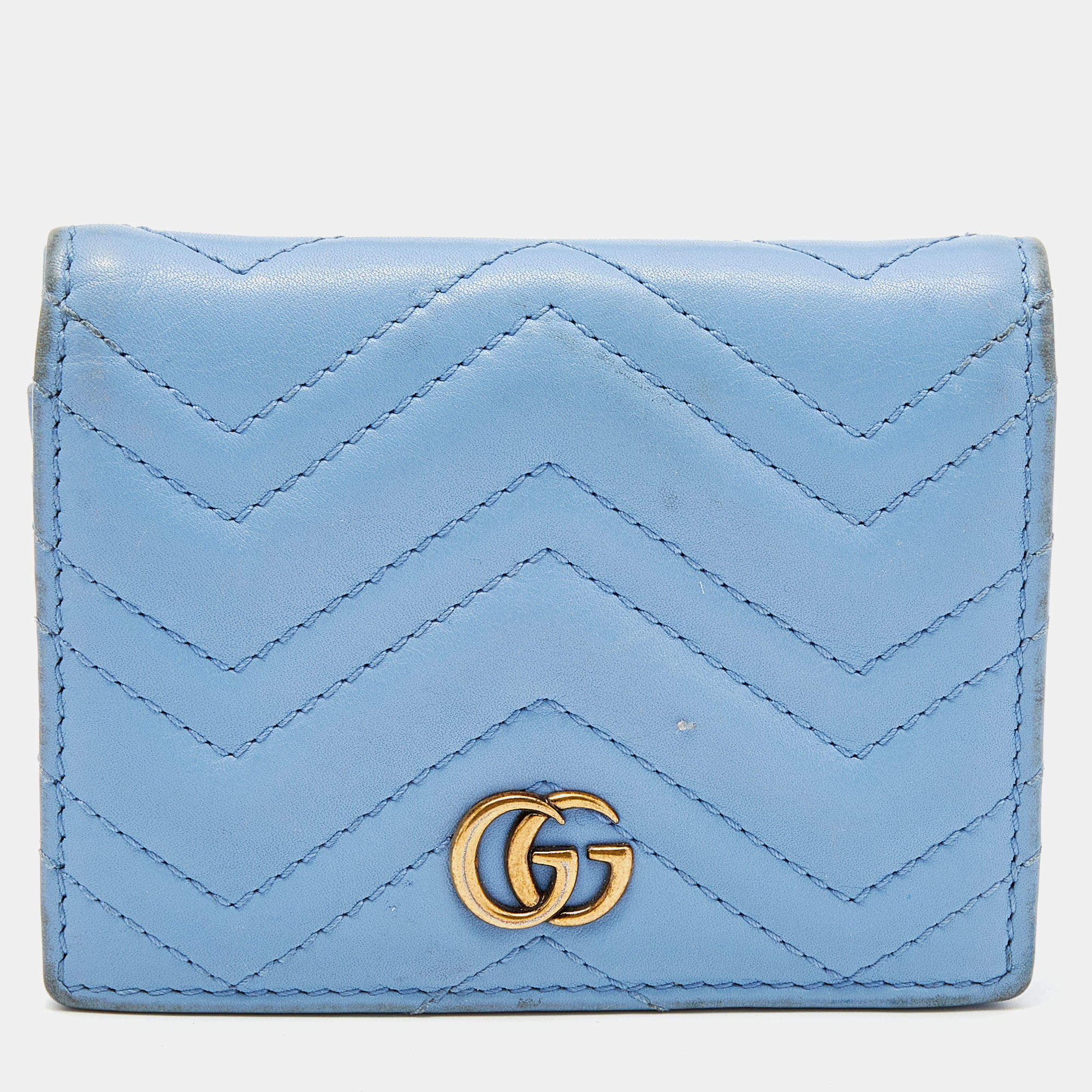 Pre Owned Gucci Blue Matelassé Leather GG Marmont Card Case