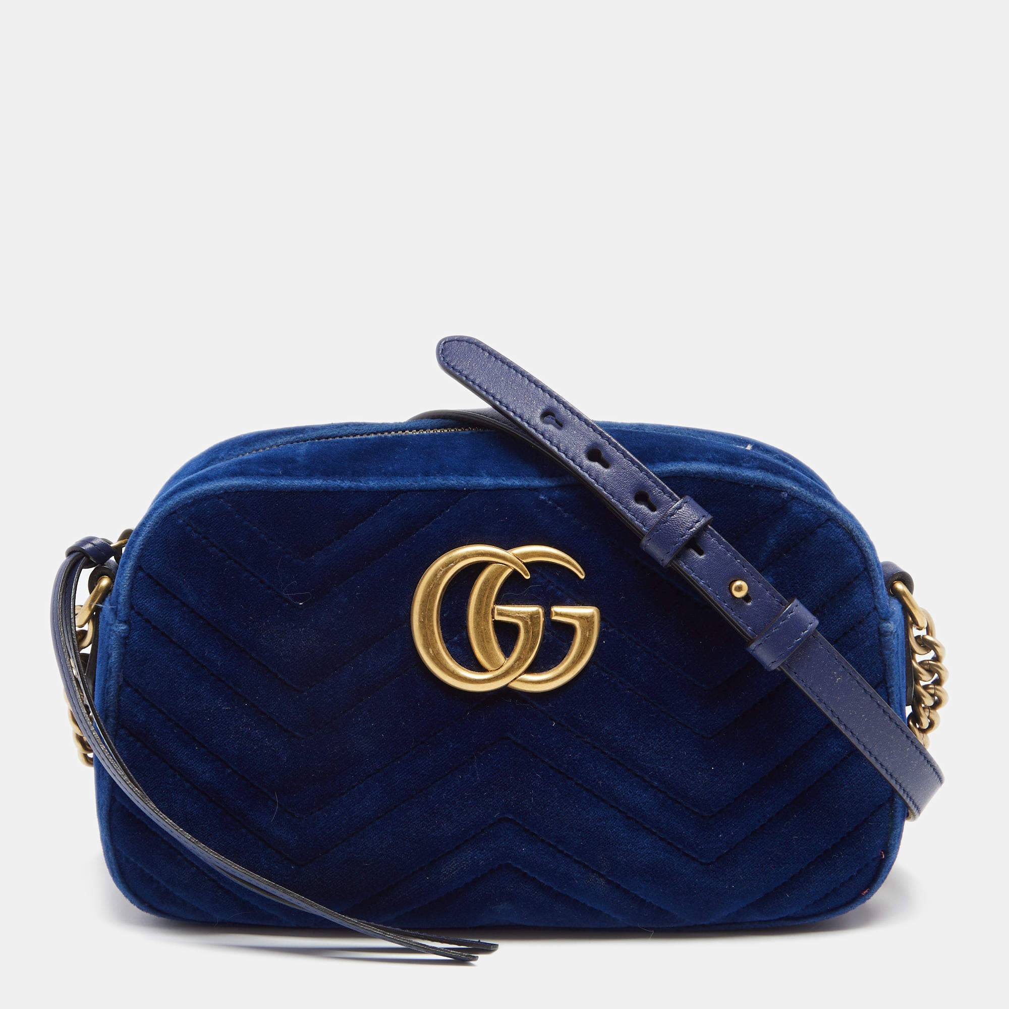 Pre Owned Gucci Royal Blue Matelassé Velvet Small GG Marmont Shoulder Bag