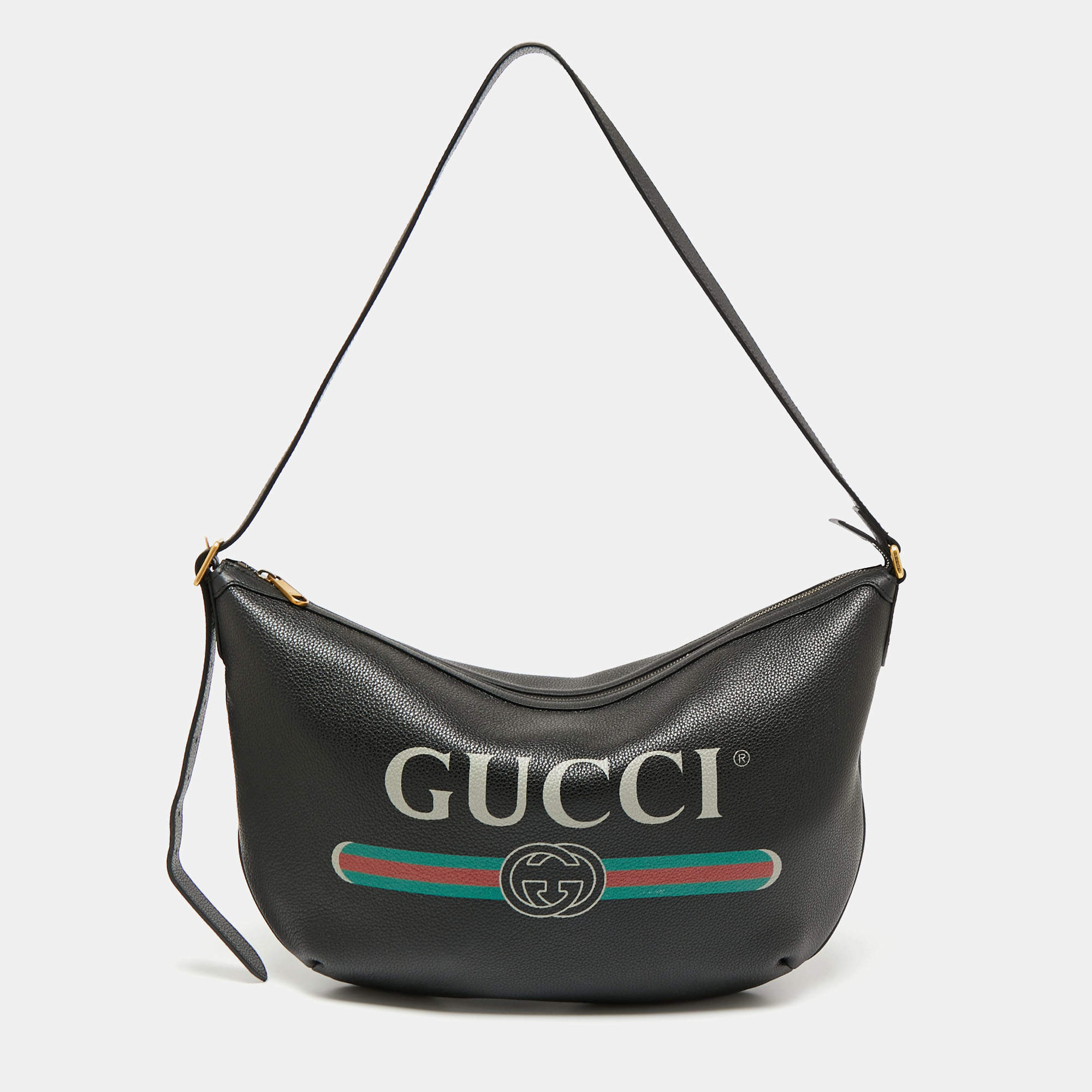Pre Owned Gucci Black Leather Web Logo Half Moon Hobo
