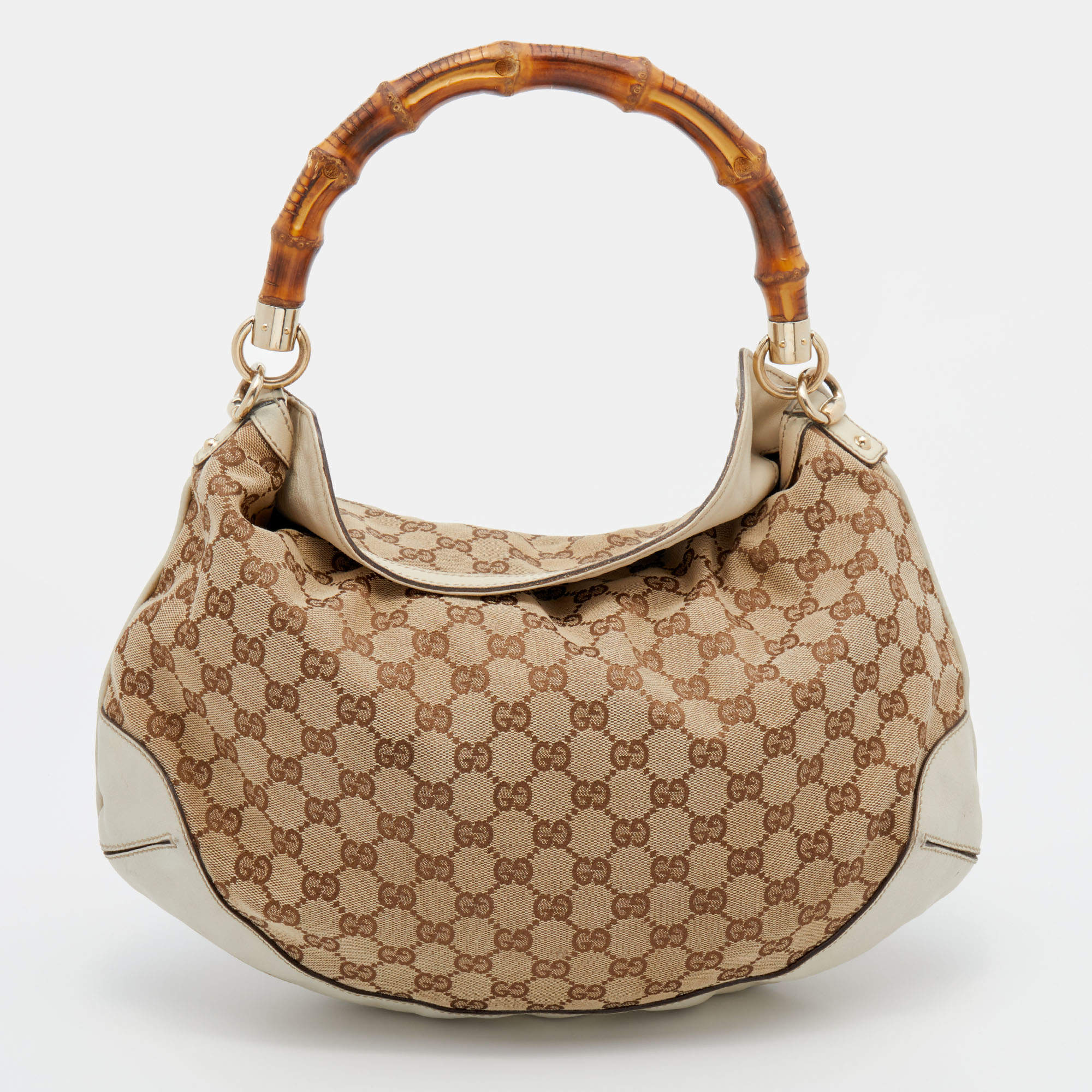 Pre Owned حقيبة هوبو غوتشي بيغي بامبو جلد وكانفاس جي جي بيج/أوف وايت متوسطة