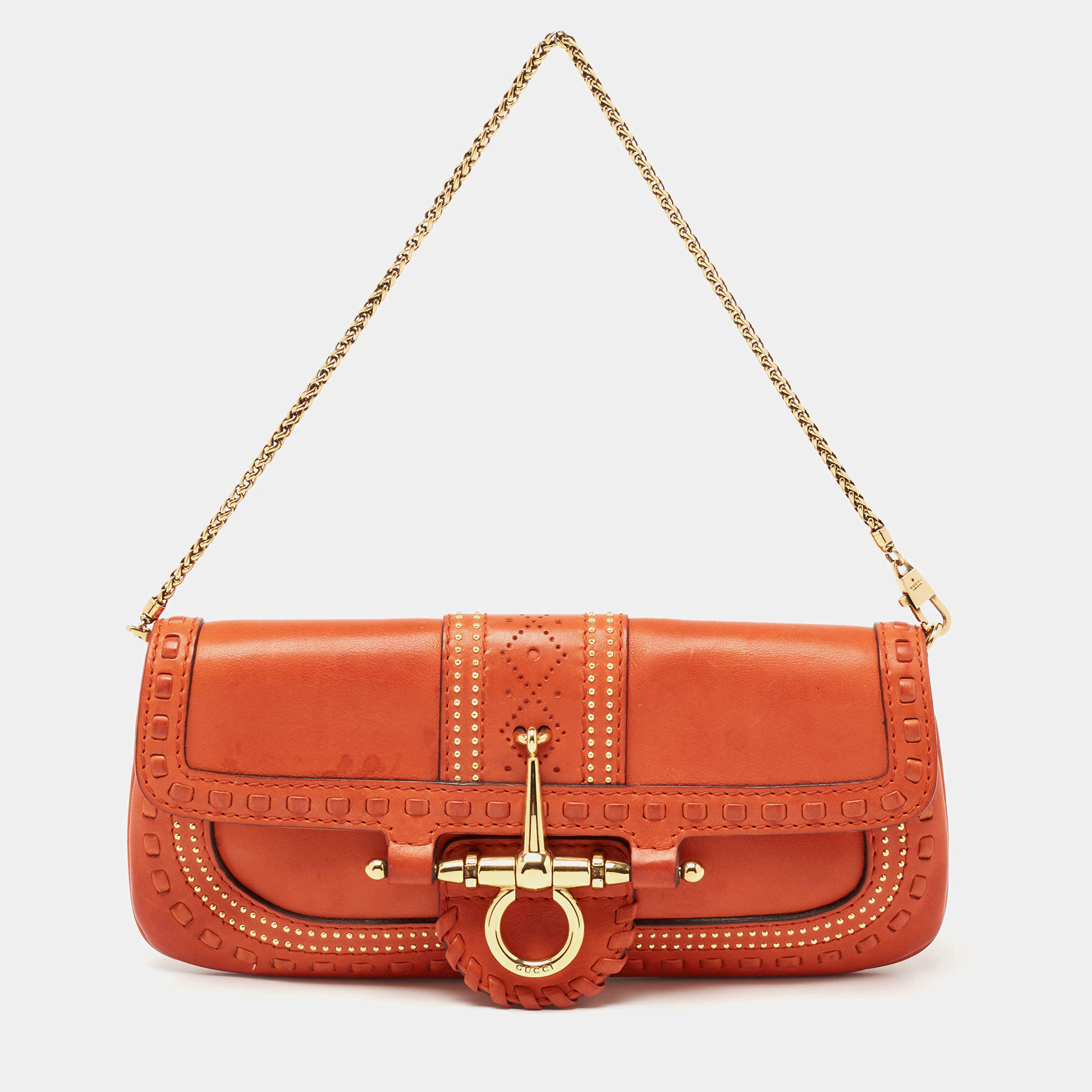 مملوكة مسبقًا حقيبة غوتشي باغويت جلد برتقالي مزينة لجام بسلسلة 