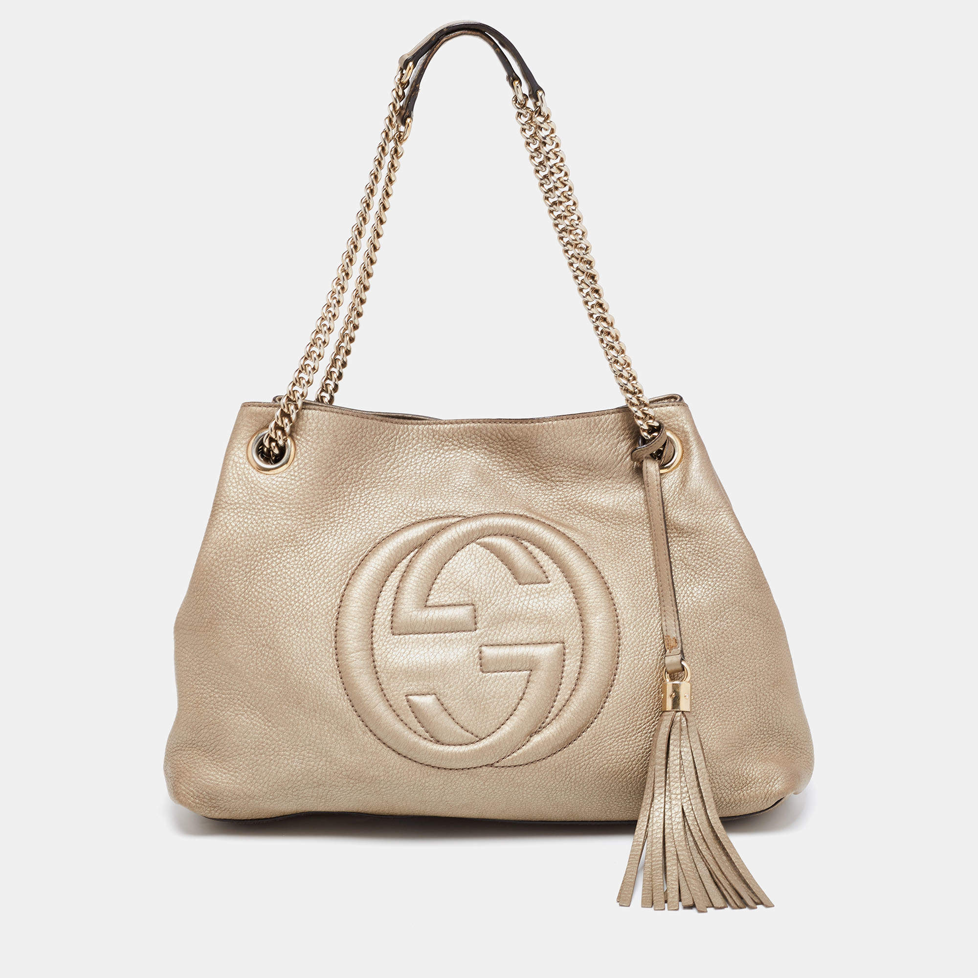 GUCCI Soho Red Gold Chain Shoulder Bag leather Tote Double G Gucci Logo