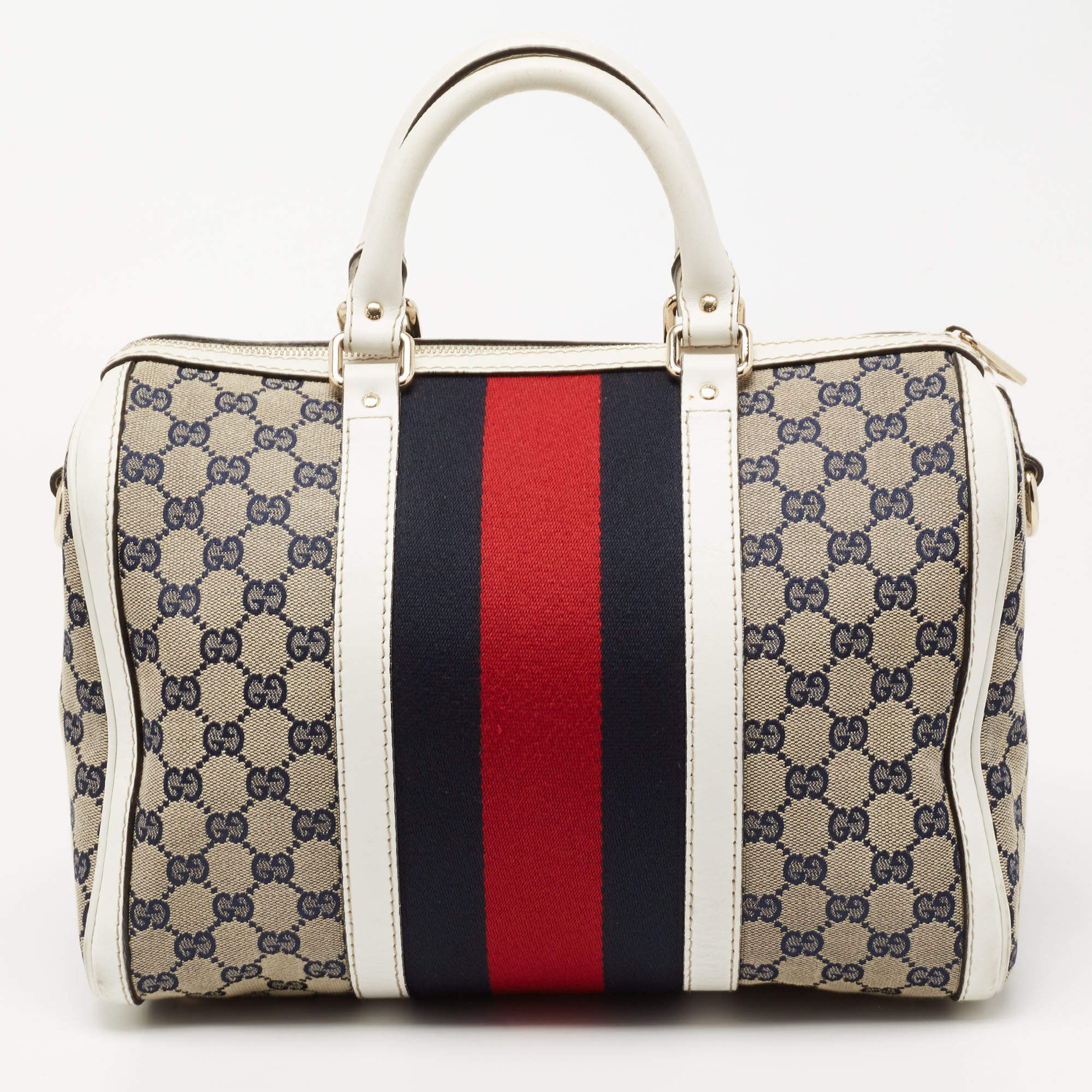 Gucci Boston Bag Vintage Web Stripe Navy GG Supreme Canvas Leather