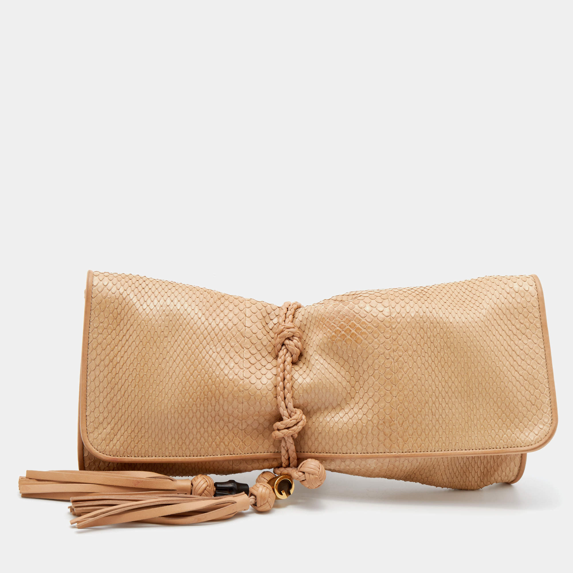 Pre Owned Gucci Beige Python Leather Malika Tassels Clutch