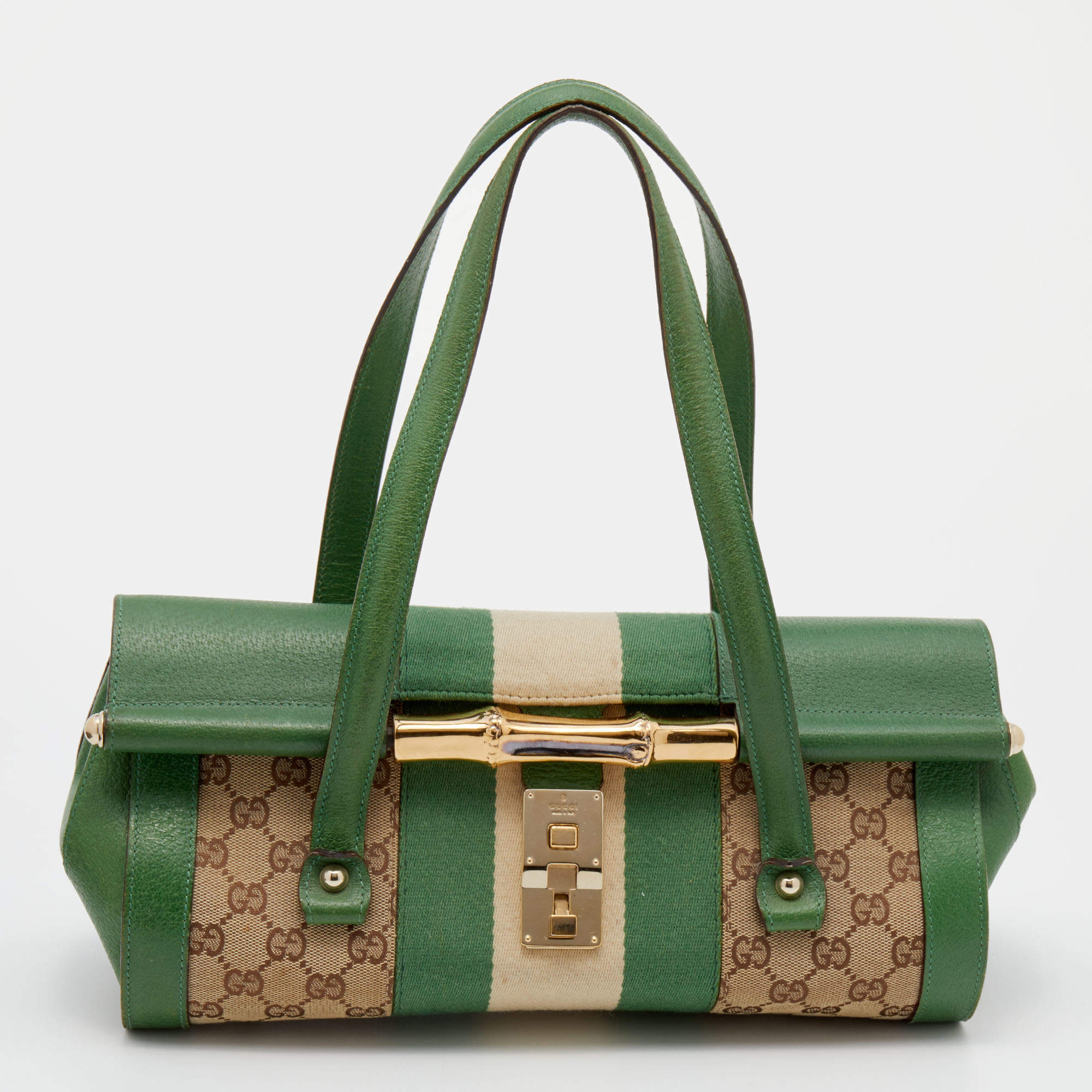 Pre Owned حقيبة ساتشل غوتشي بامبو بوليت كانفاس بيج / أخضر 