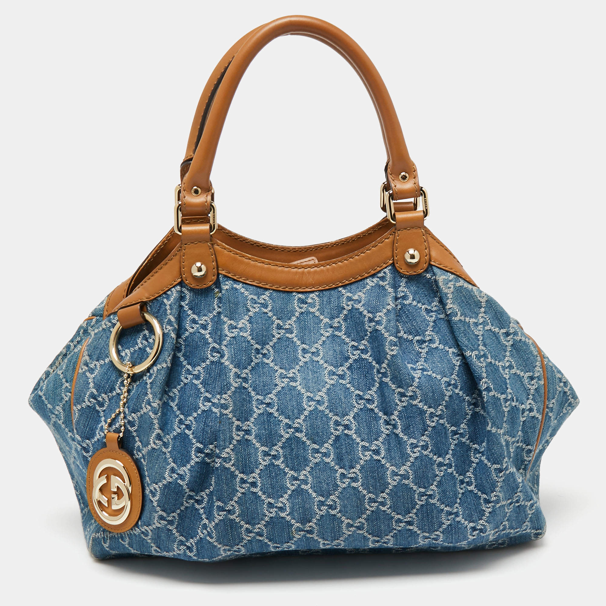 Pre Owned Gucci Blue GG Denim and Leather Medium Sukey Tote