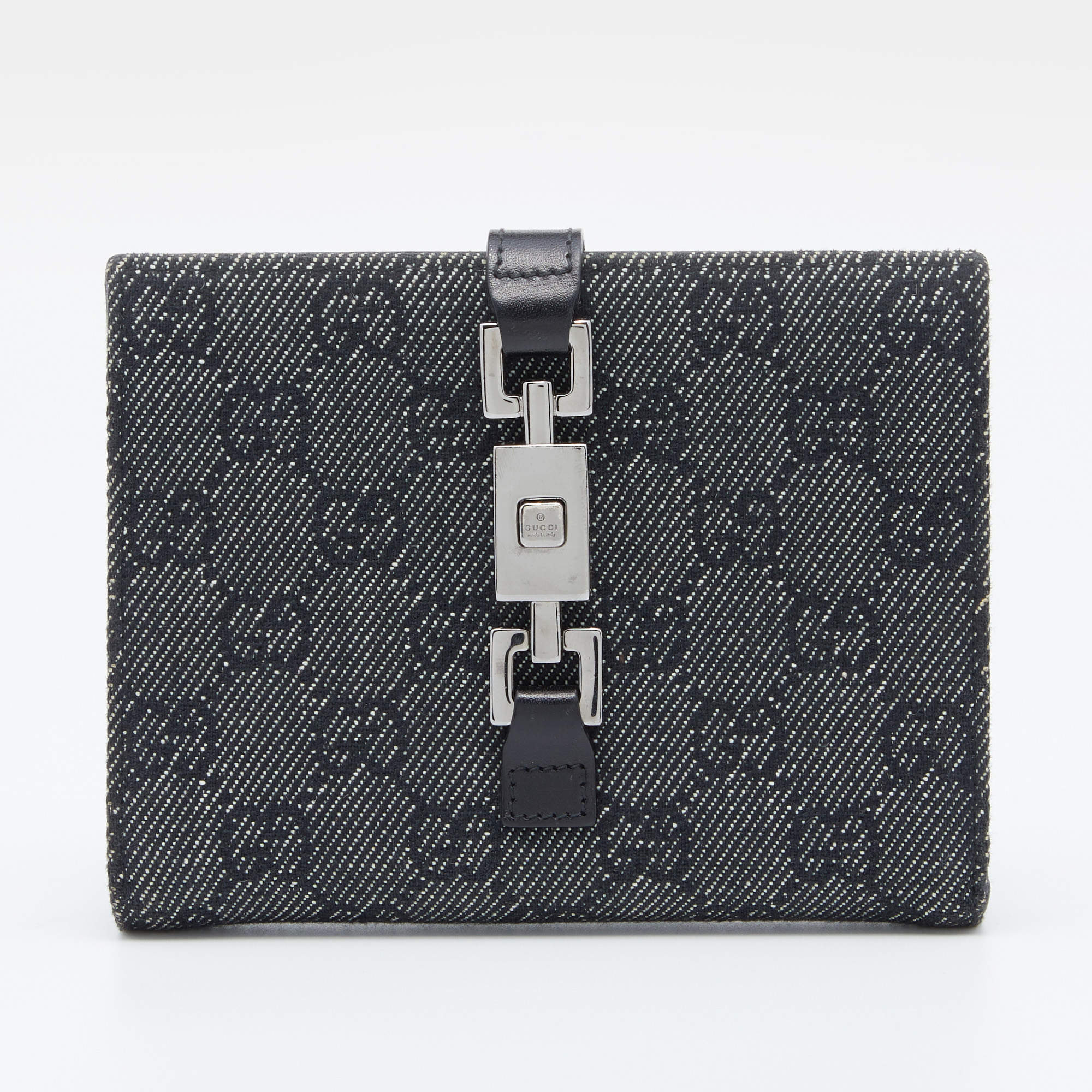 Pre Owned Gucci Black GG Canvas Canvas Piston Lock Compact Wallet