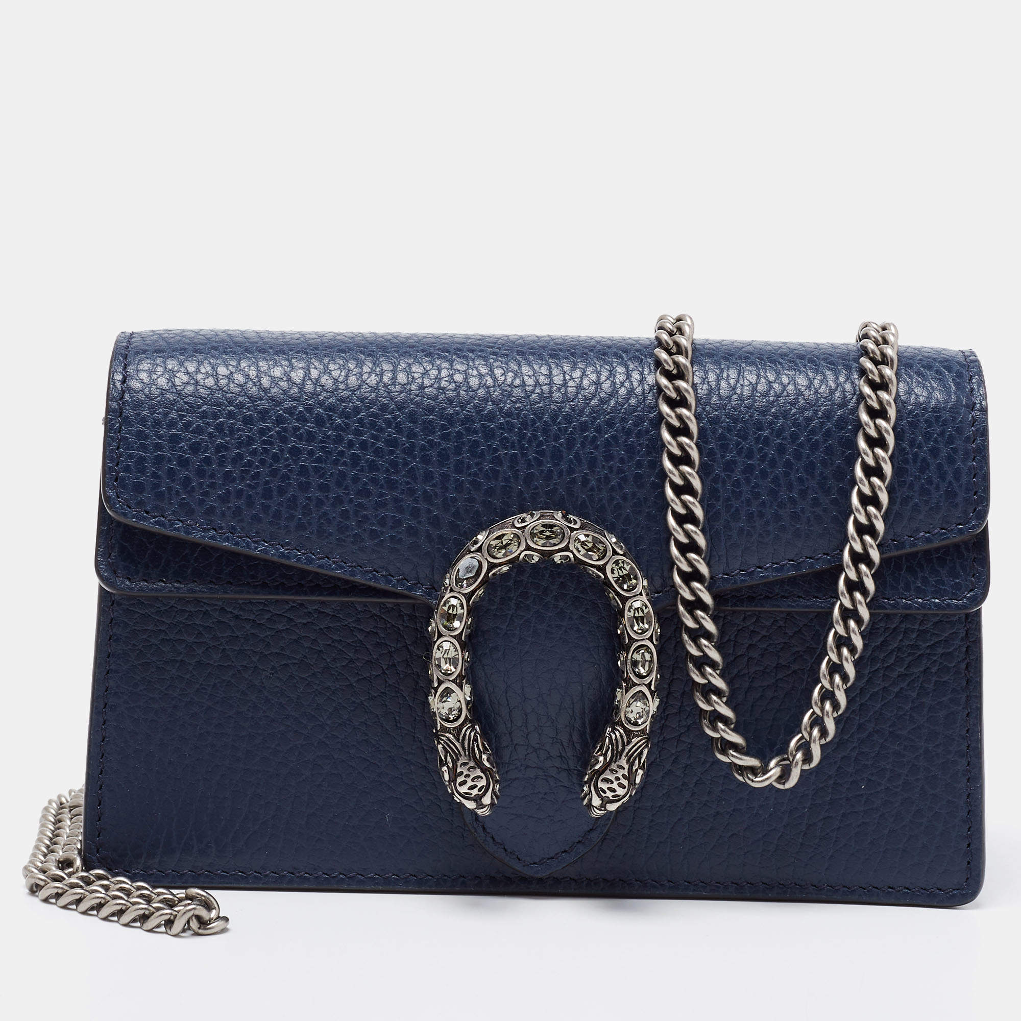 Pre Owned Gucci Navy Blue Leather Dionysus Super Mini Wallet on Chain