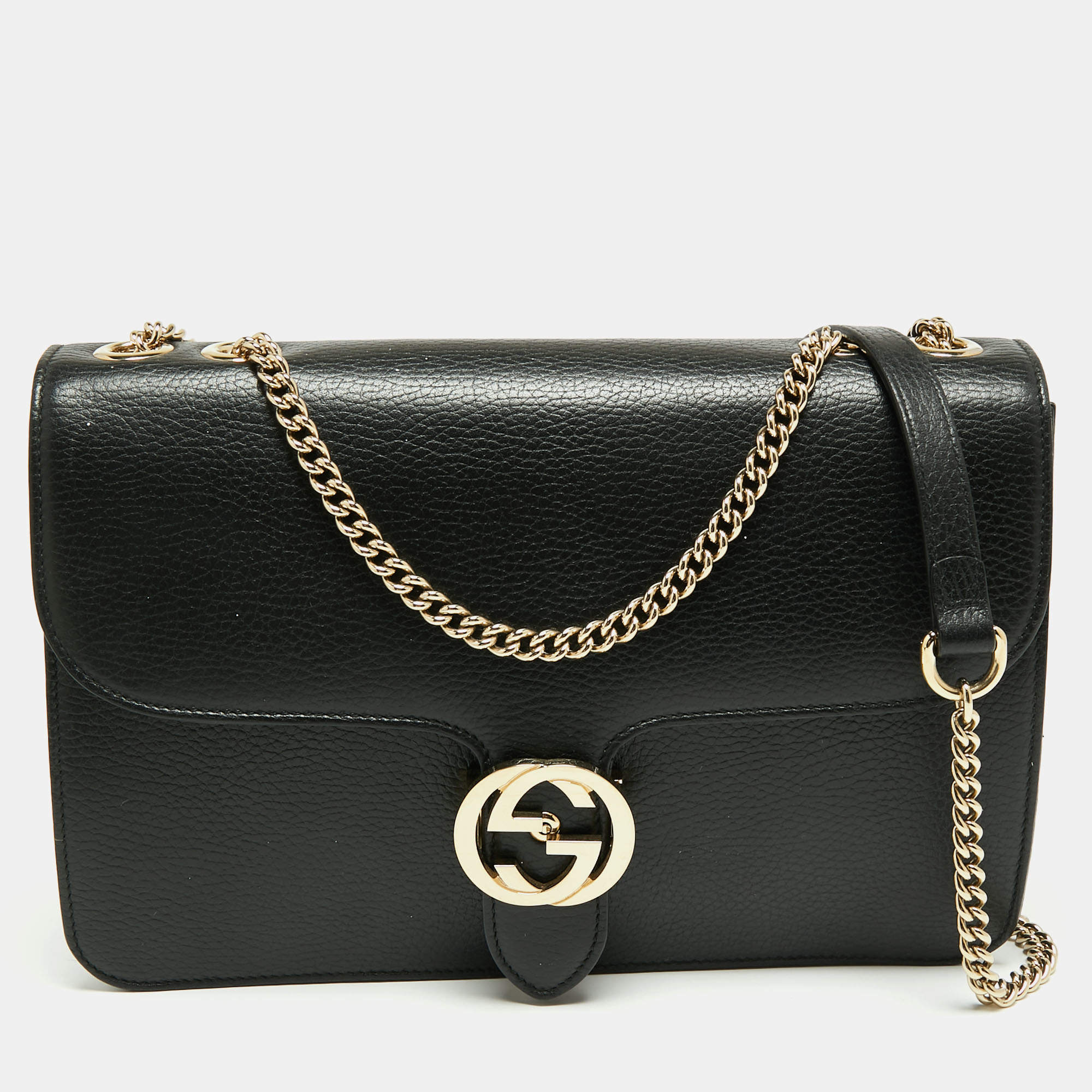 Pre Owned Gucci Black Leather Medium Interlocking G Shoulder Bag