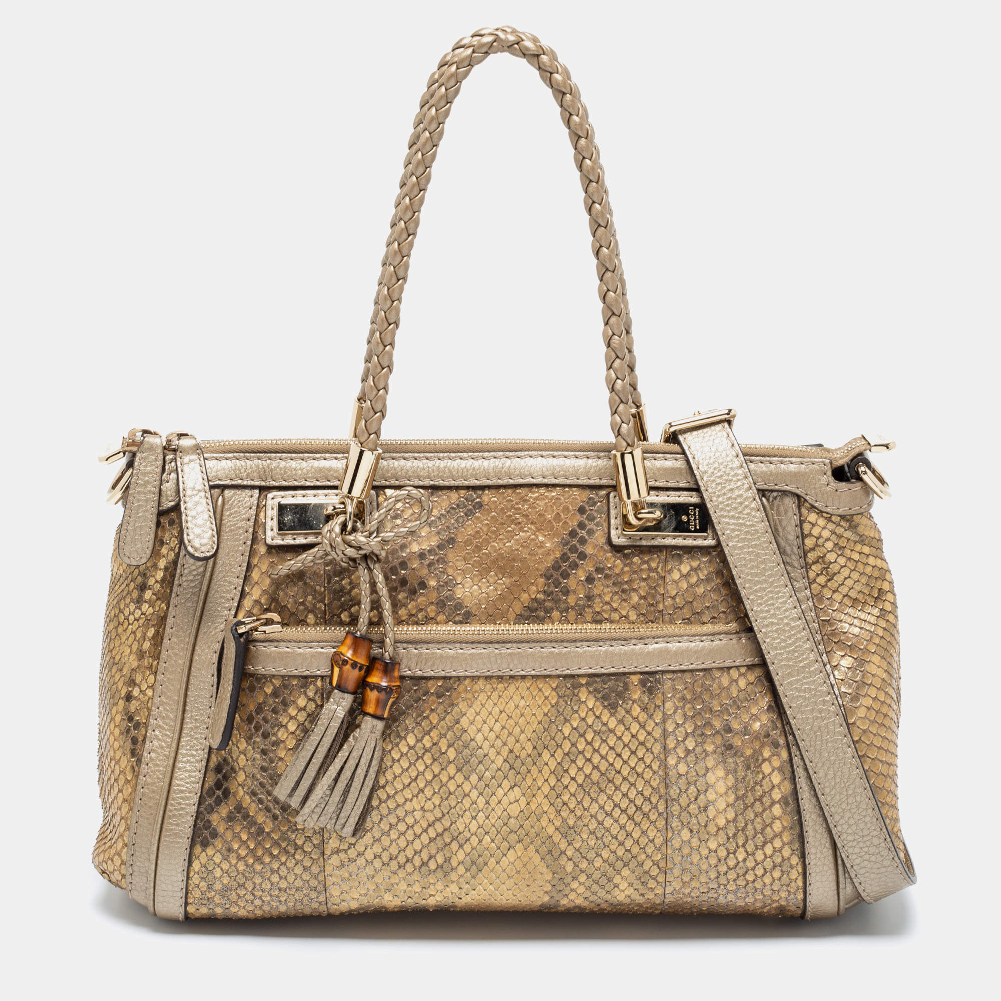 Pre Owned حقيبة يد غوتشي بيلا دلد وجلد ثعبان بيج /ذهبي 