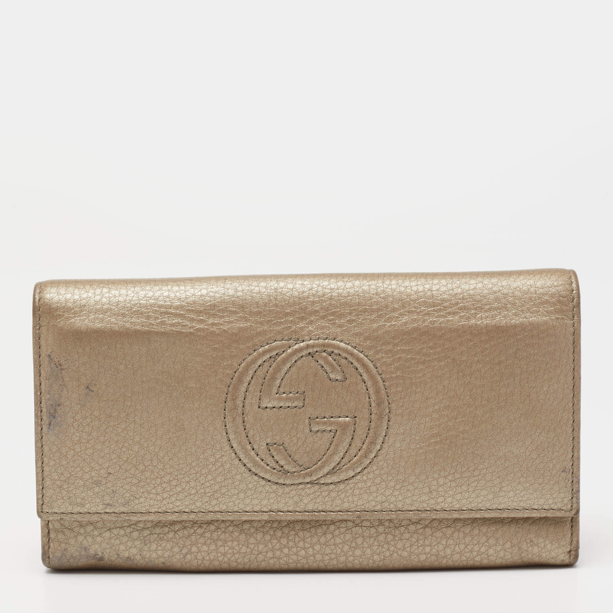 Pre Owned Gucci Metallic Beige Leather Soho Flap Continental Wallet
