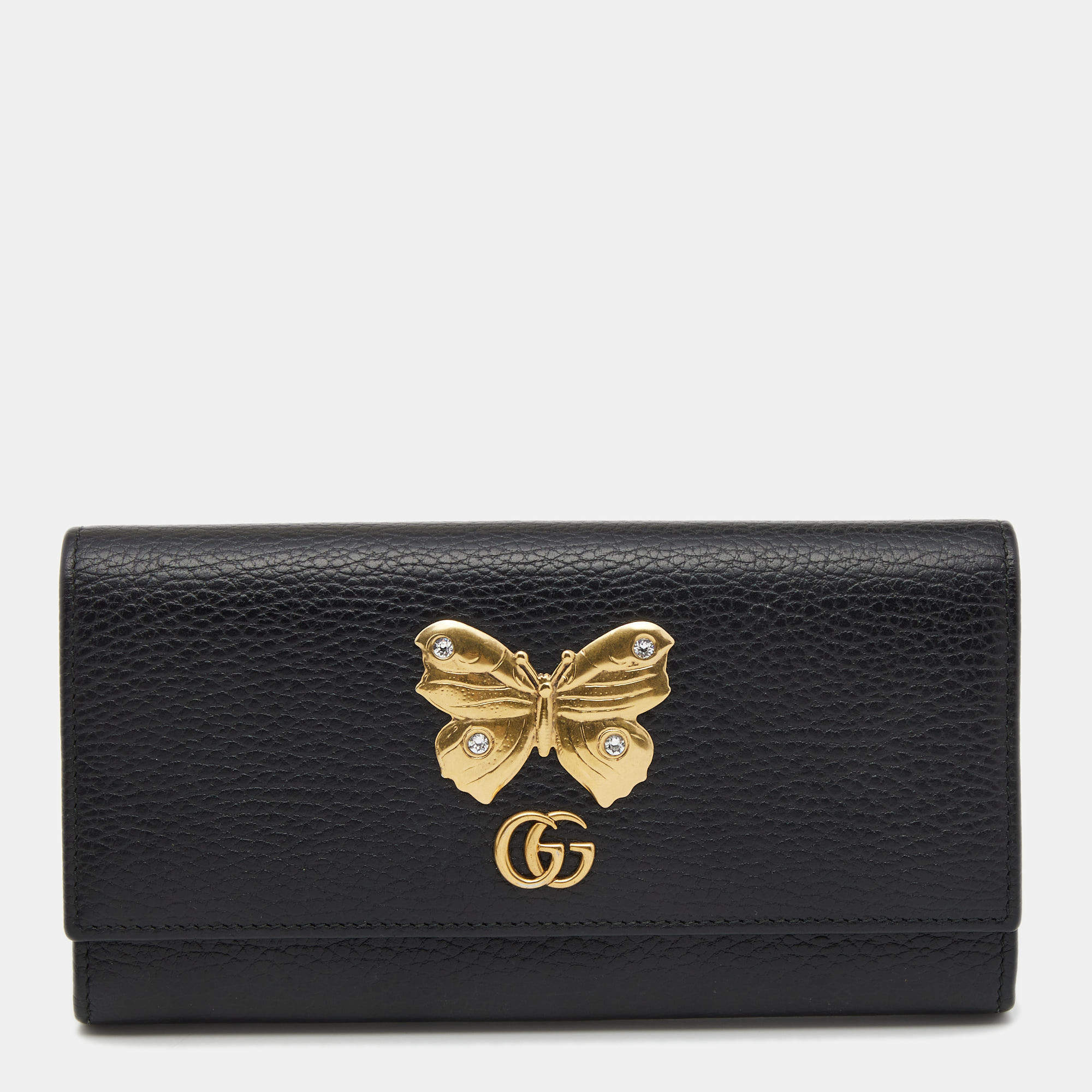 Pre Owned Gucci Black Leather Butterfly Farfalla Continental Wallet