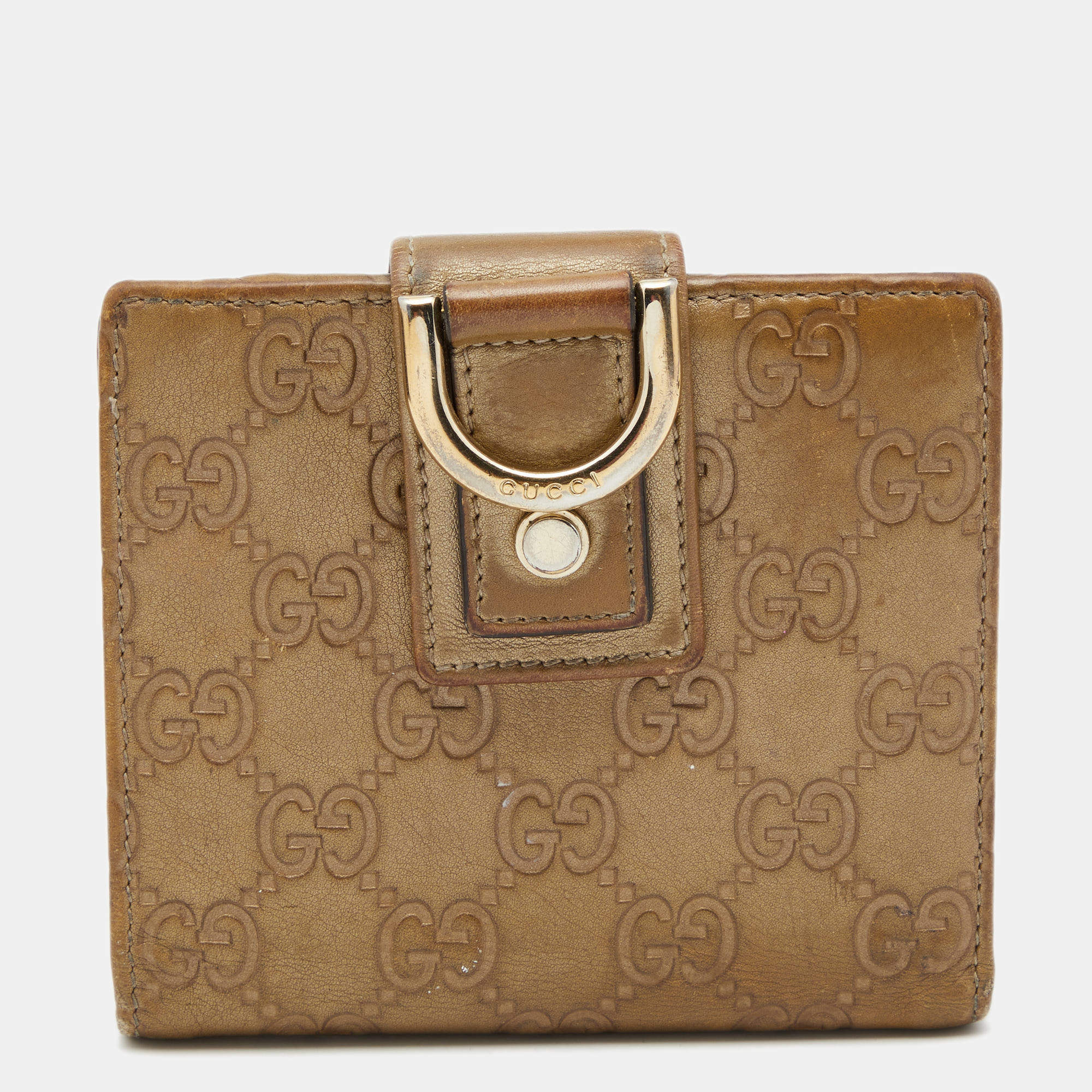 Gucci Metallic Beige Guccissima Leather Abbey D Ring Compact Wallet