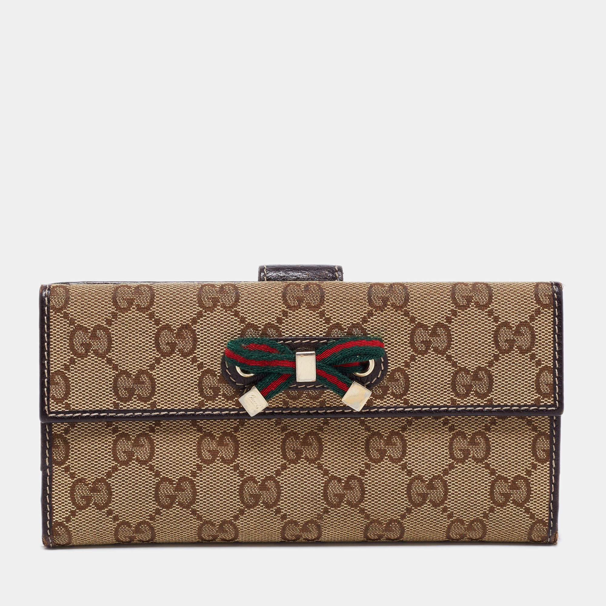 Pre Owned Gucci Beige/Brown GG Canvas and Leather Continental Wallet
