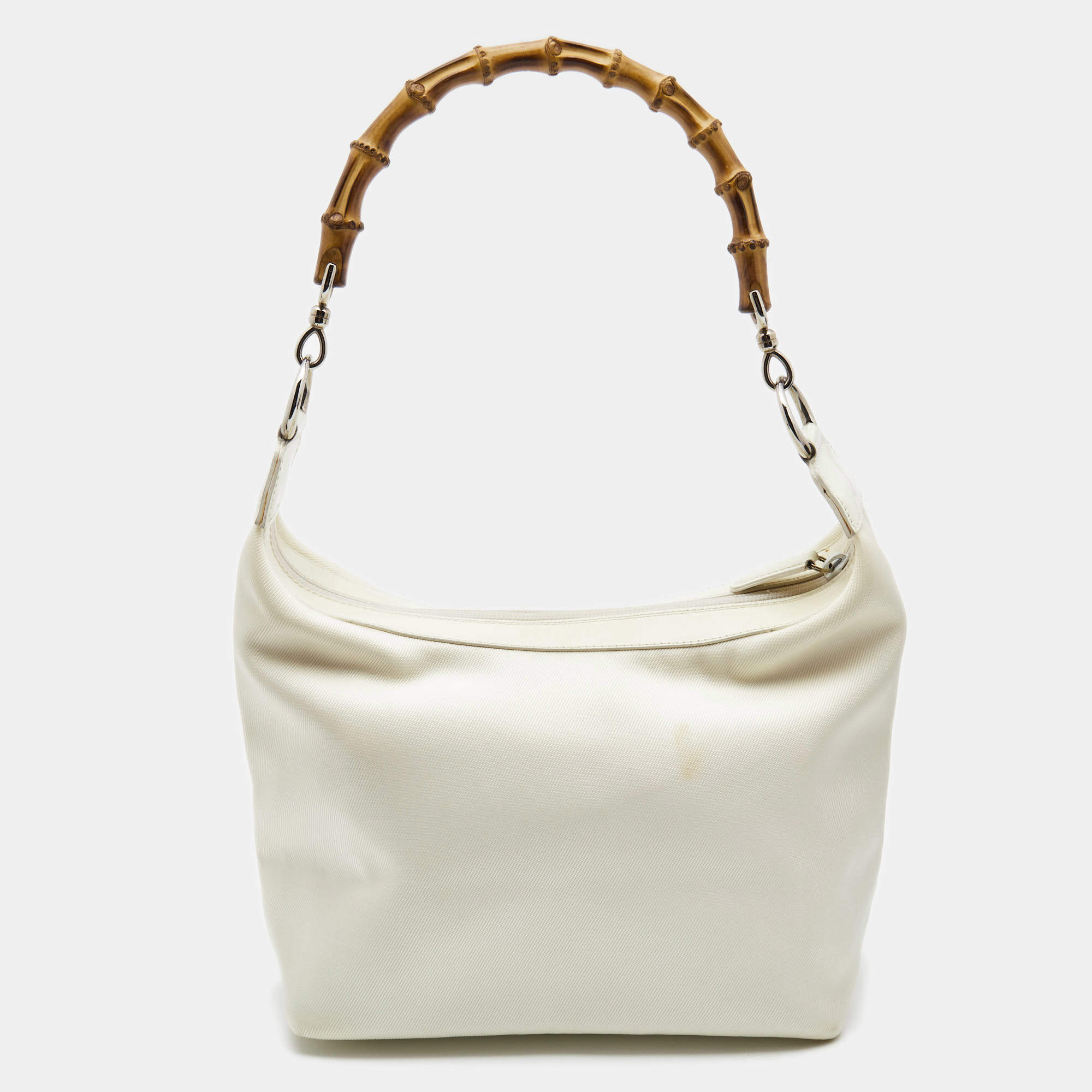 Gucci White Canvas And Leather Peggy Bamboo Hobo