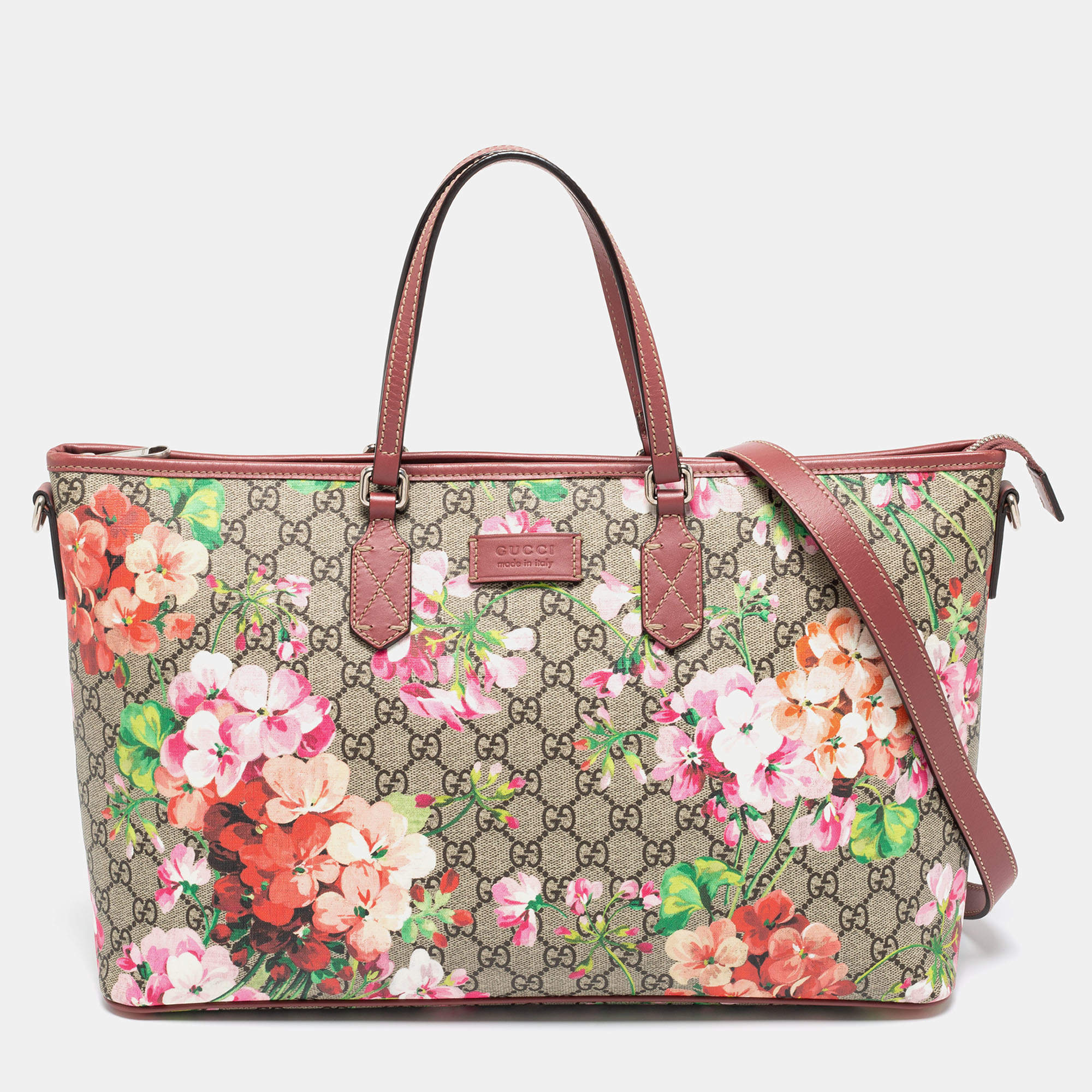 Pre Owned Gucci Multicolor Blooms GG Supreme Canvas and Leather Zip Tote