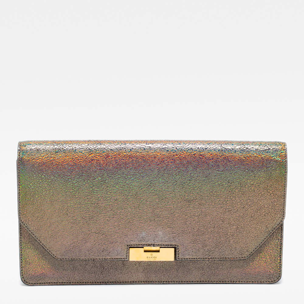 Pre Owned Gucci Multicolor Holographic Crackled Leather Heartbeat Clutch