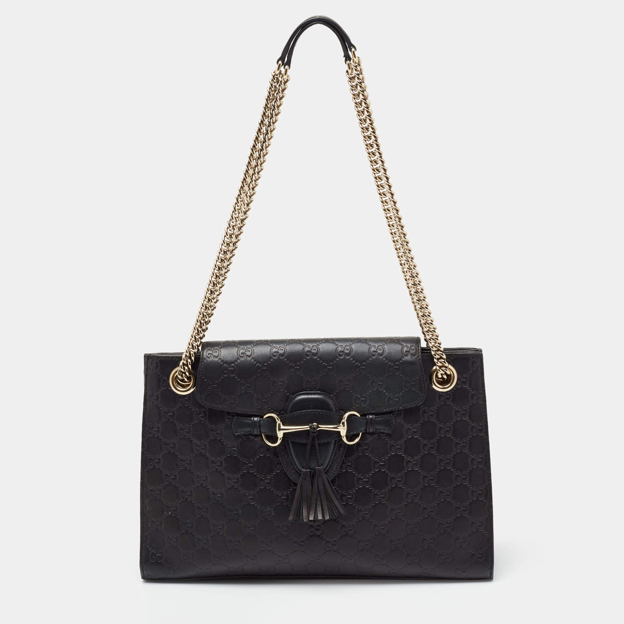 Pre Owned حقيبة كتف غوتشي ايميلي جلد غوتشيسيما أسود بسلسلة كبيرة