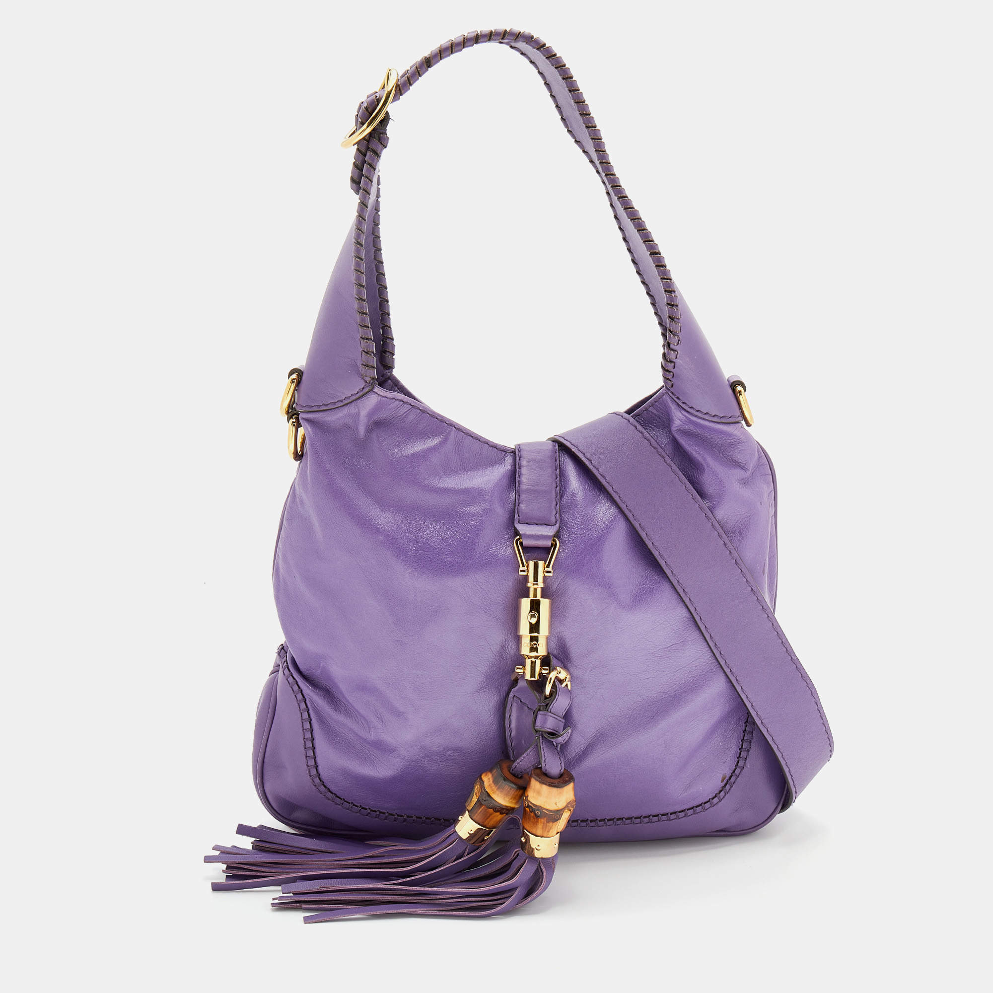 Pre Owned Gucci Purple Leather Jackie Fringes Bamboo Shoulder Bag