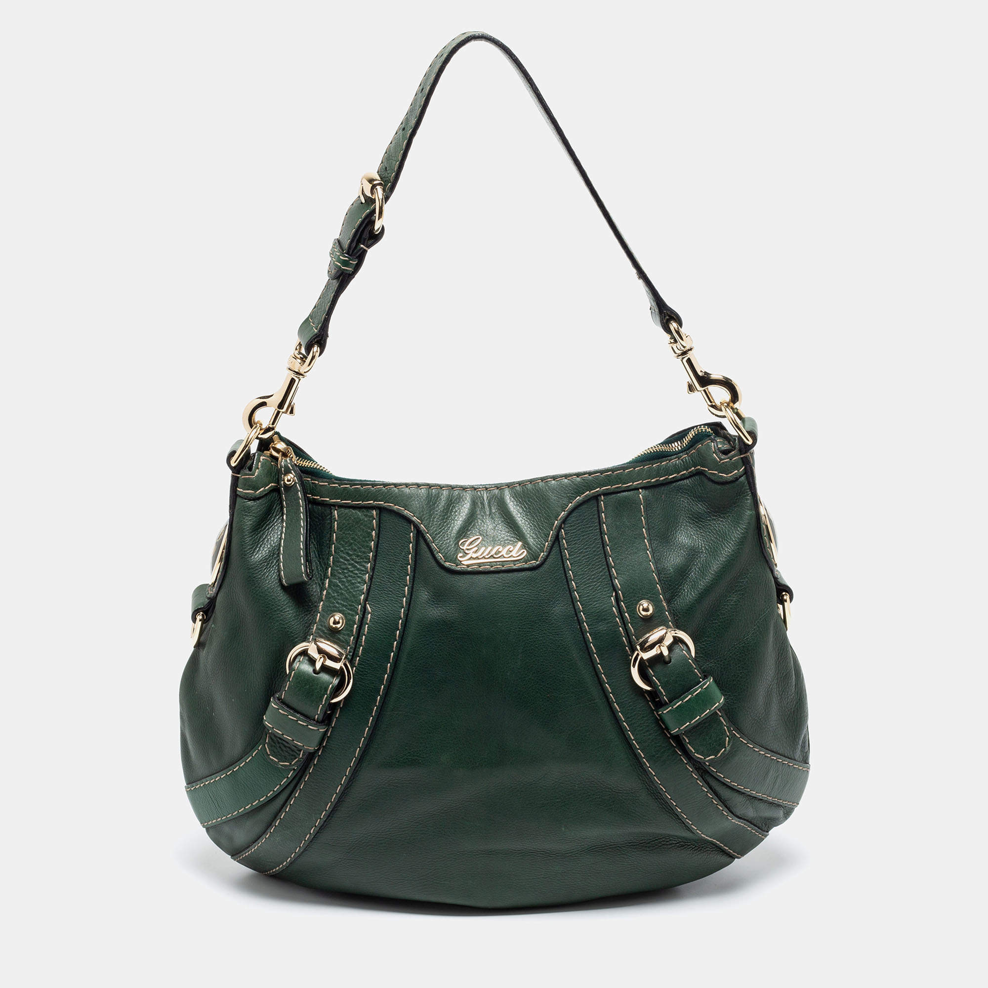 Gucci Green Leather Medium Crest Boule Hobo