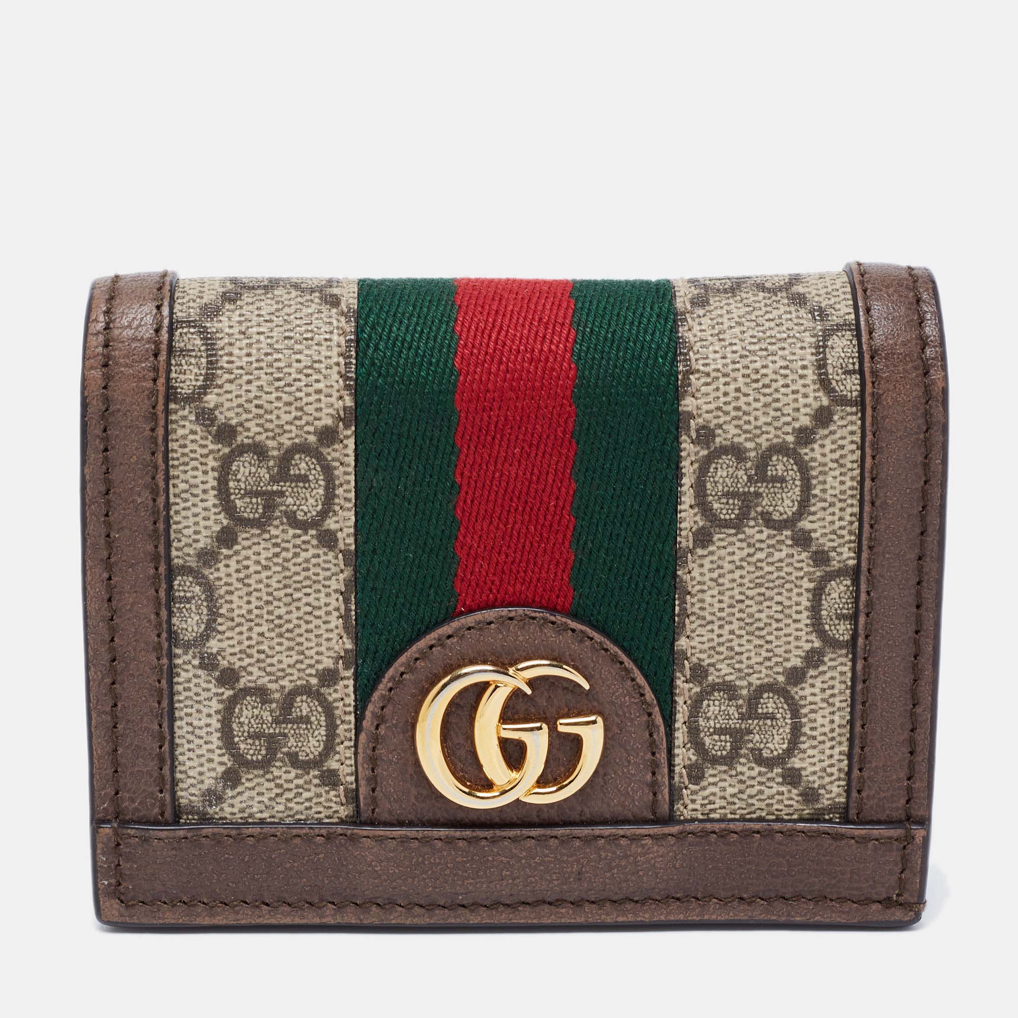 Pre Owned Gucci Brown GG Supreme Canvas and Leather Web Ophidia Card Case Wallet