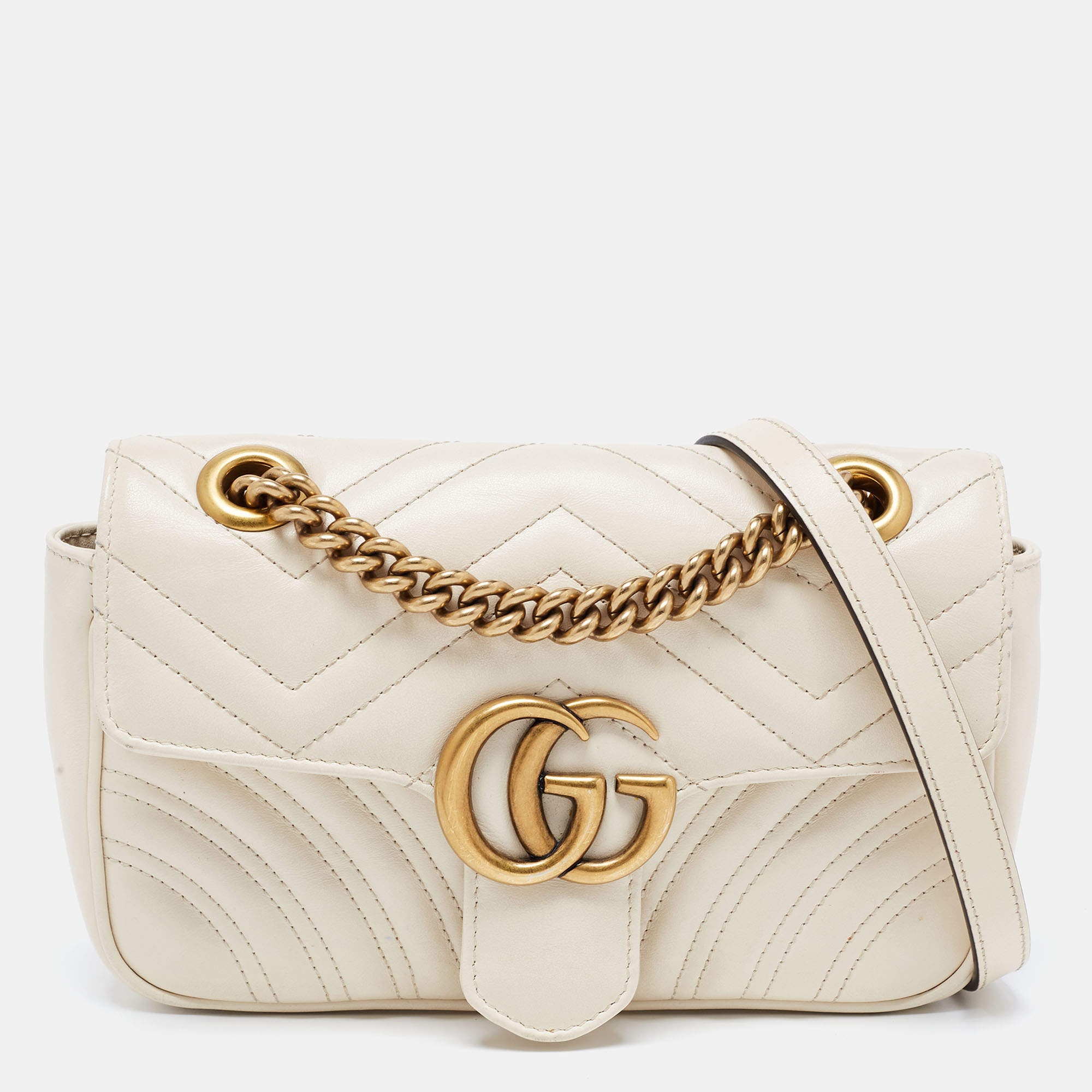 Pre Owned Gucci Off White Matelassé Leather Mini GG Marmont Shoulder Bag