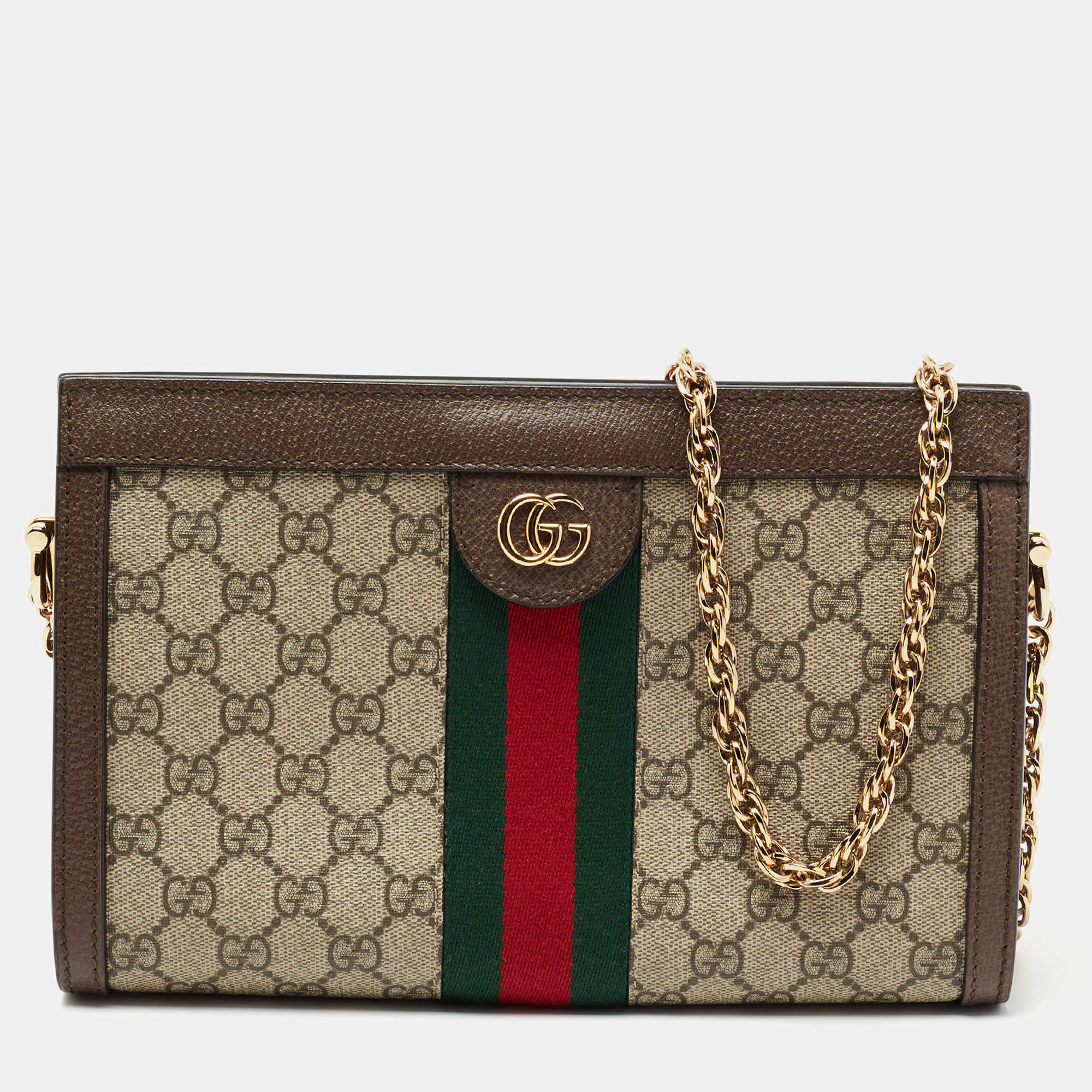 Pre Owned Gucci Beige/Ebony GG Supreme Canvas and Leather Small Ophidia Shoulder Bag