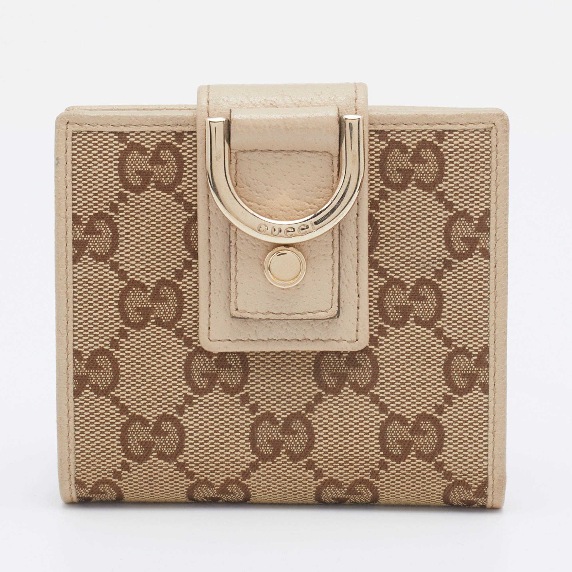 Pre Owned Gucci Beige/Brown GG Canvas And Leather Abbey D-Ring Compact Wallet