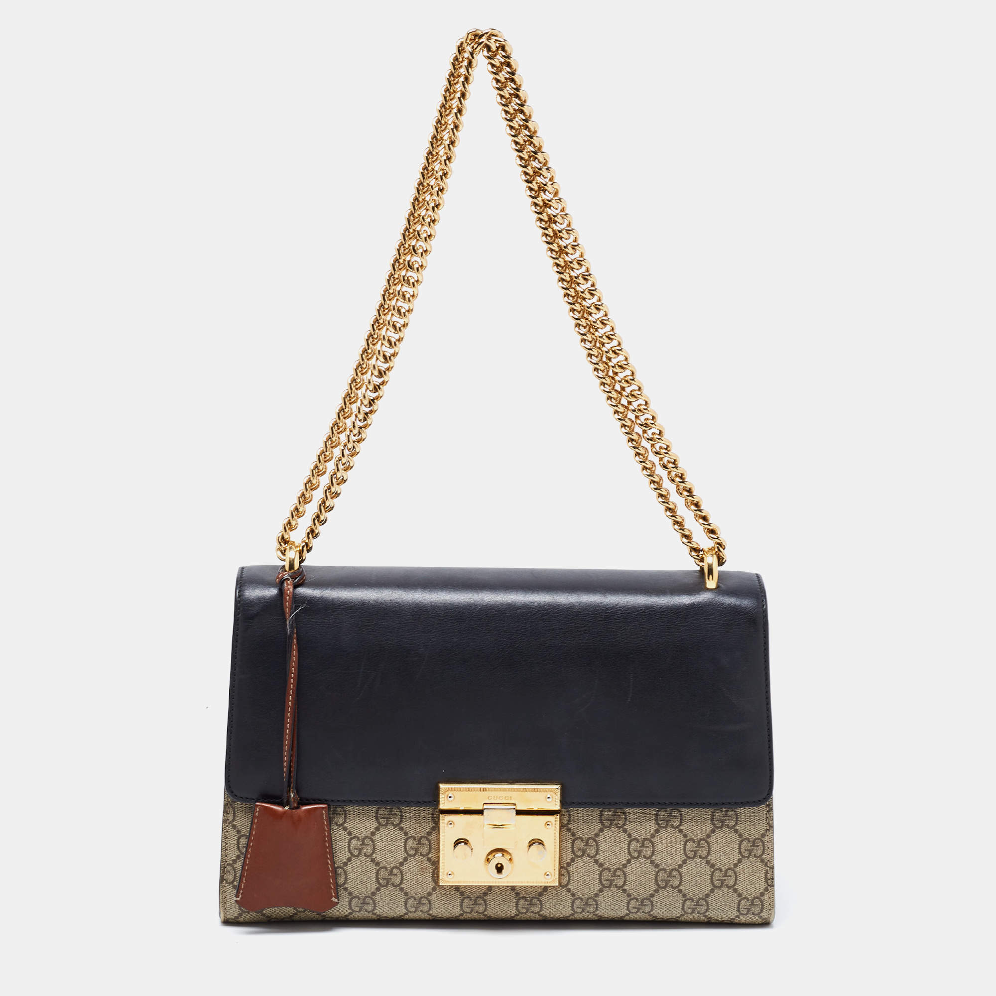 Pre Owned Gucci Beige/Black GG Supreme Canvas and Leather Medium Padlock Shoulder Bag