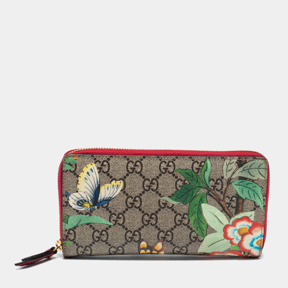 Pre Owned Gucci Beige GG Supreme Canvas Tian Zip Around Wallet